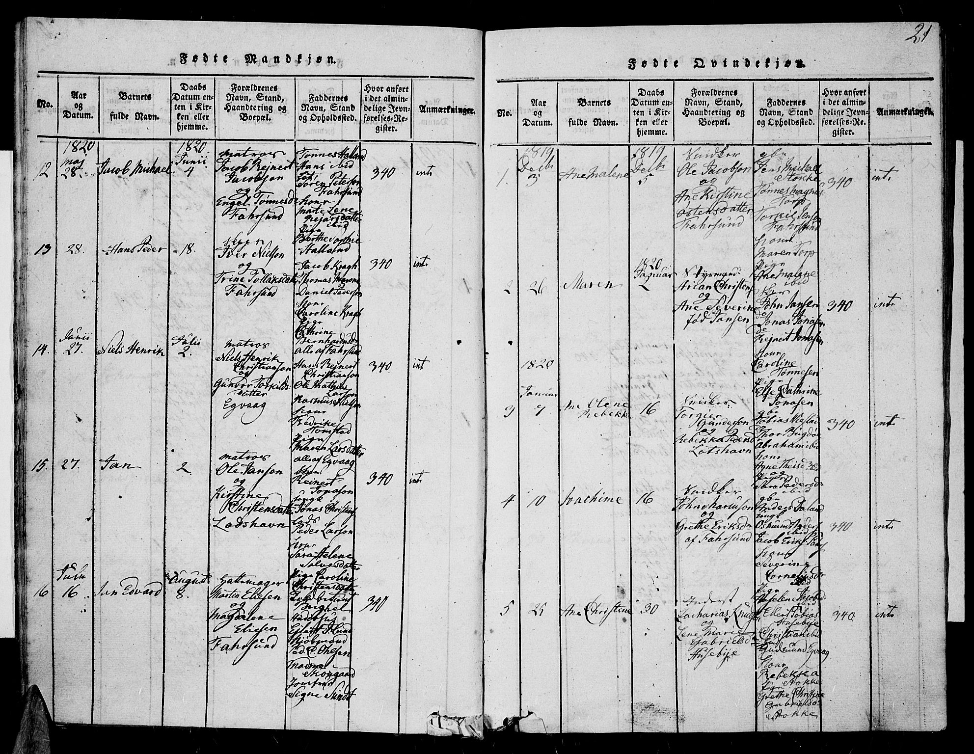 Farsund sokneprestkontor, SAK/1111-0009/F/Fa/L0002: Parish register (official) no. A 2, 1815-1836, p. 21