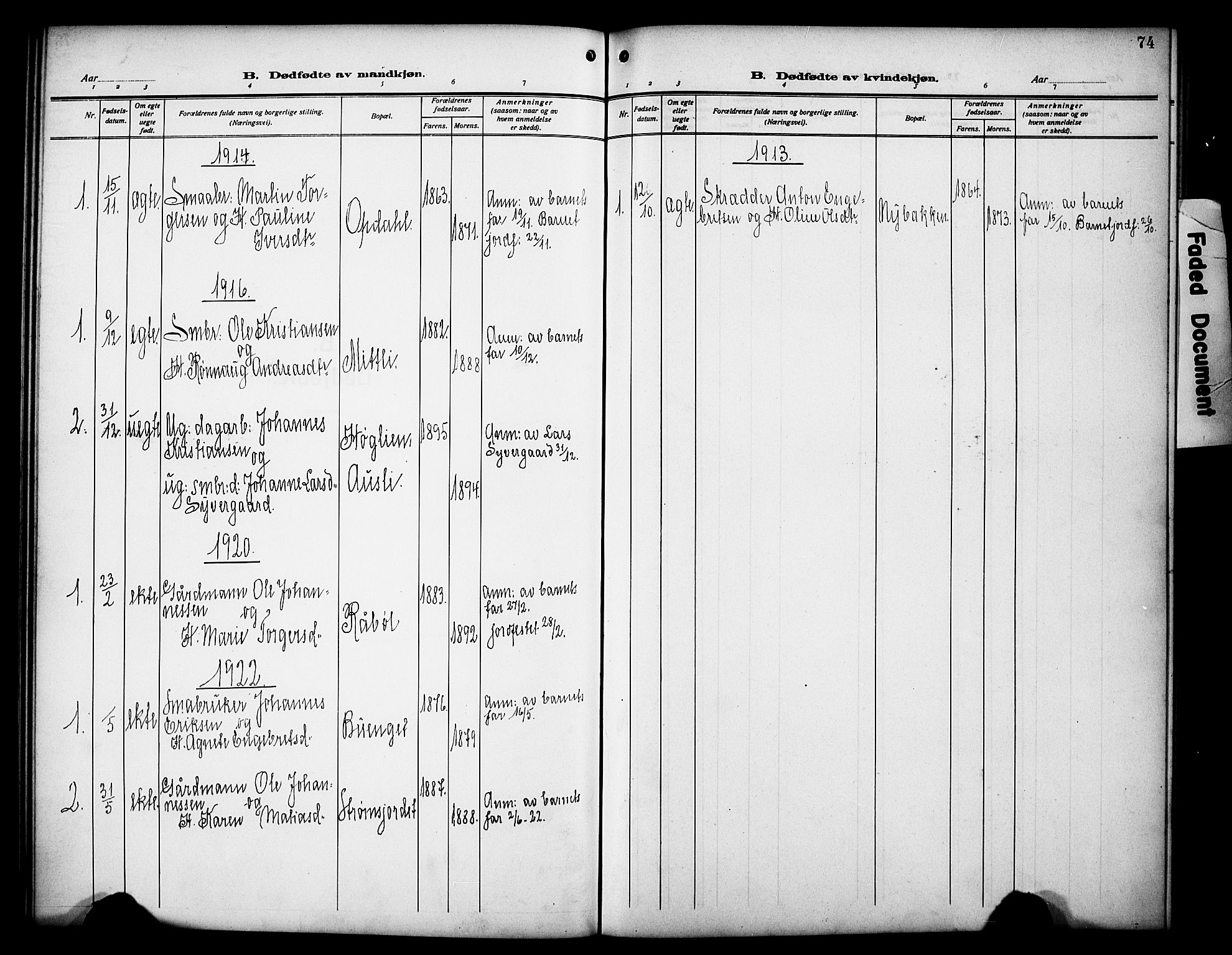 Øyer prestekontor, AV/SAH-PREST-084/H/Ha/Hab/L0007: Parish register (copy) no. 7, 1913-1928, p. 74