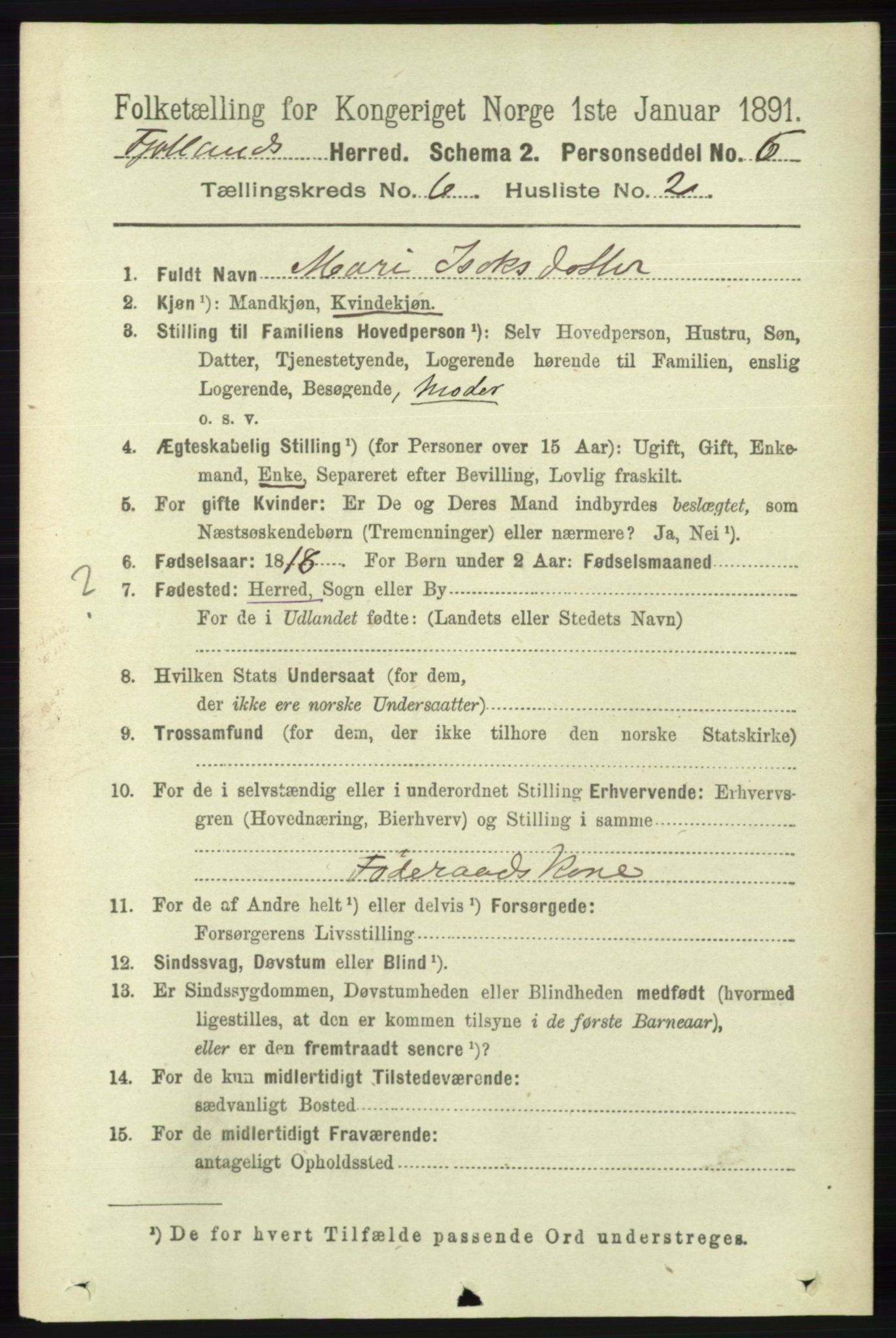 RA, 1891 census for 1036 Fjotland, 1891, p. 873