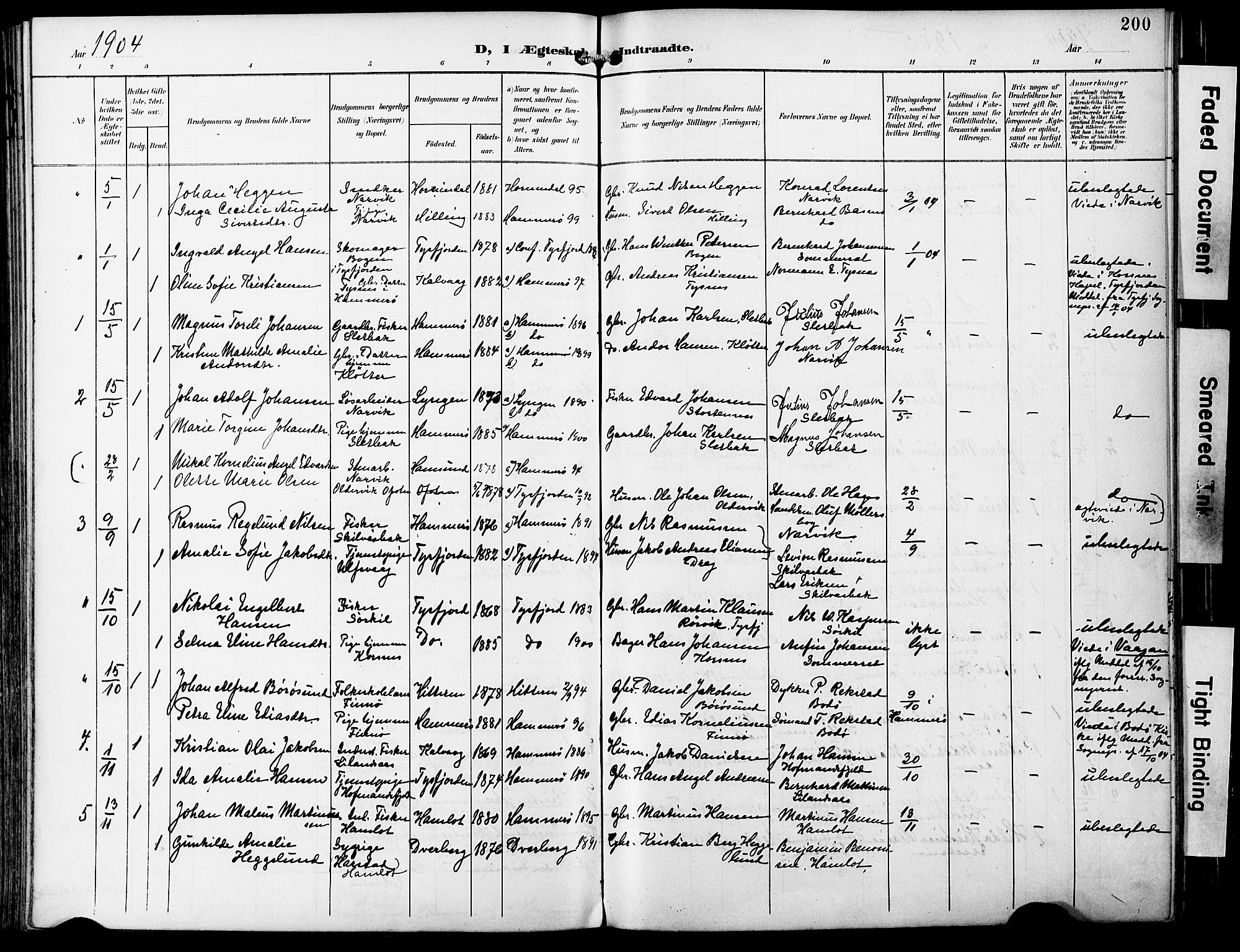 Ministerialprotokoller, klokkerbøker og fødselsregistre - Nordland, AV/SAT-A-1459/859/L0848: Parish register (official) no. 859A08, 1900-1912, p. 200