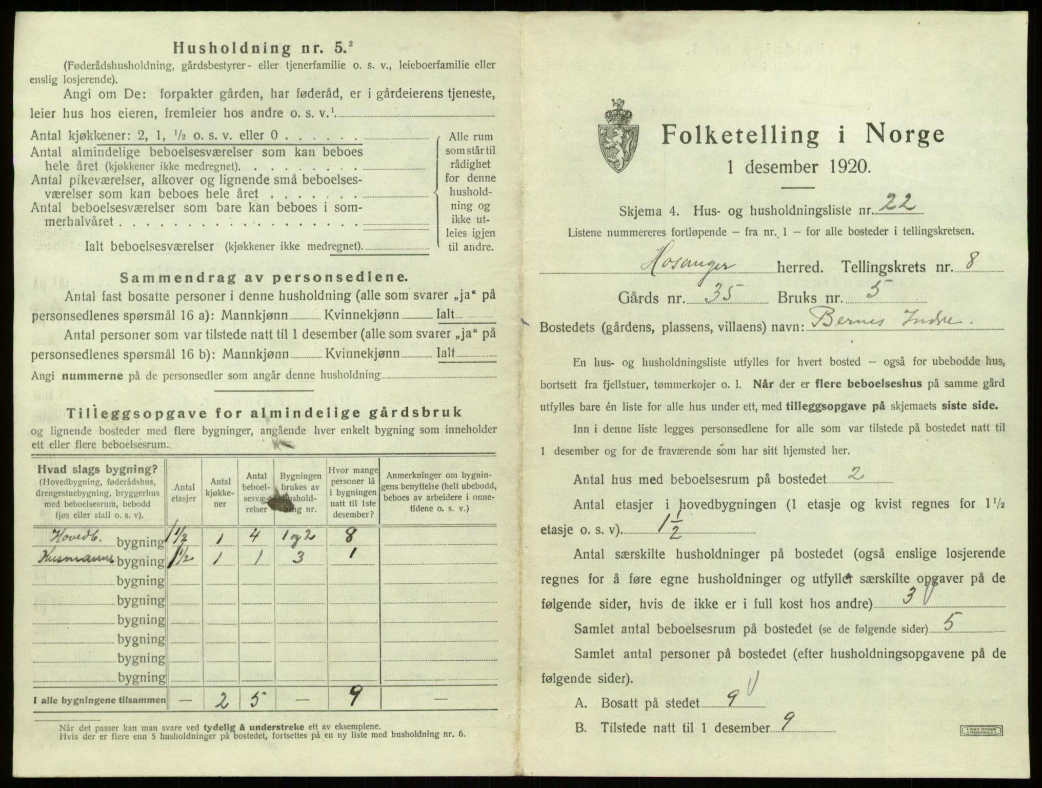 SAB, 1920 census for Hosanger, 1920, p. 468