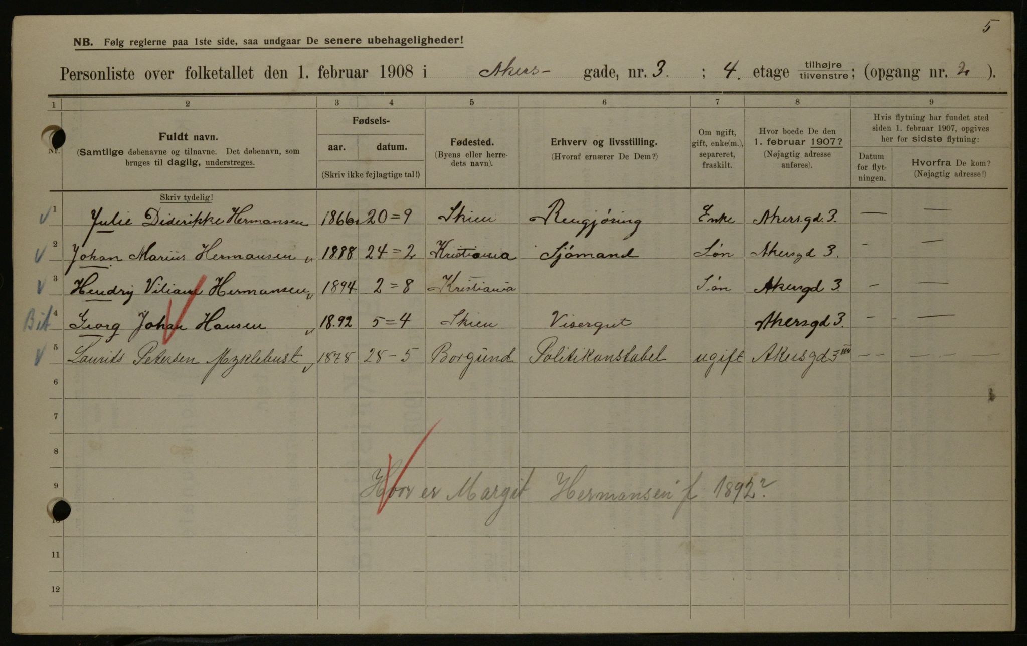 OBA, Municipal Census 1908 for Kristiania, 1908, p. 327