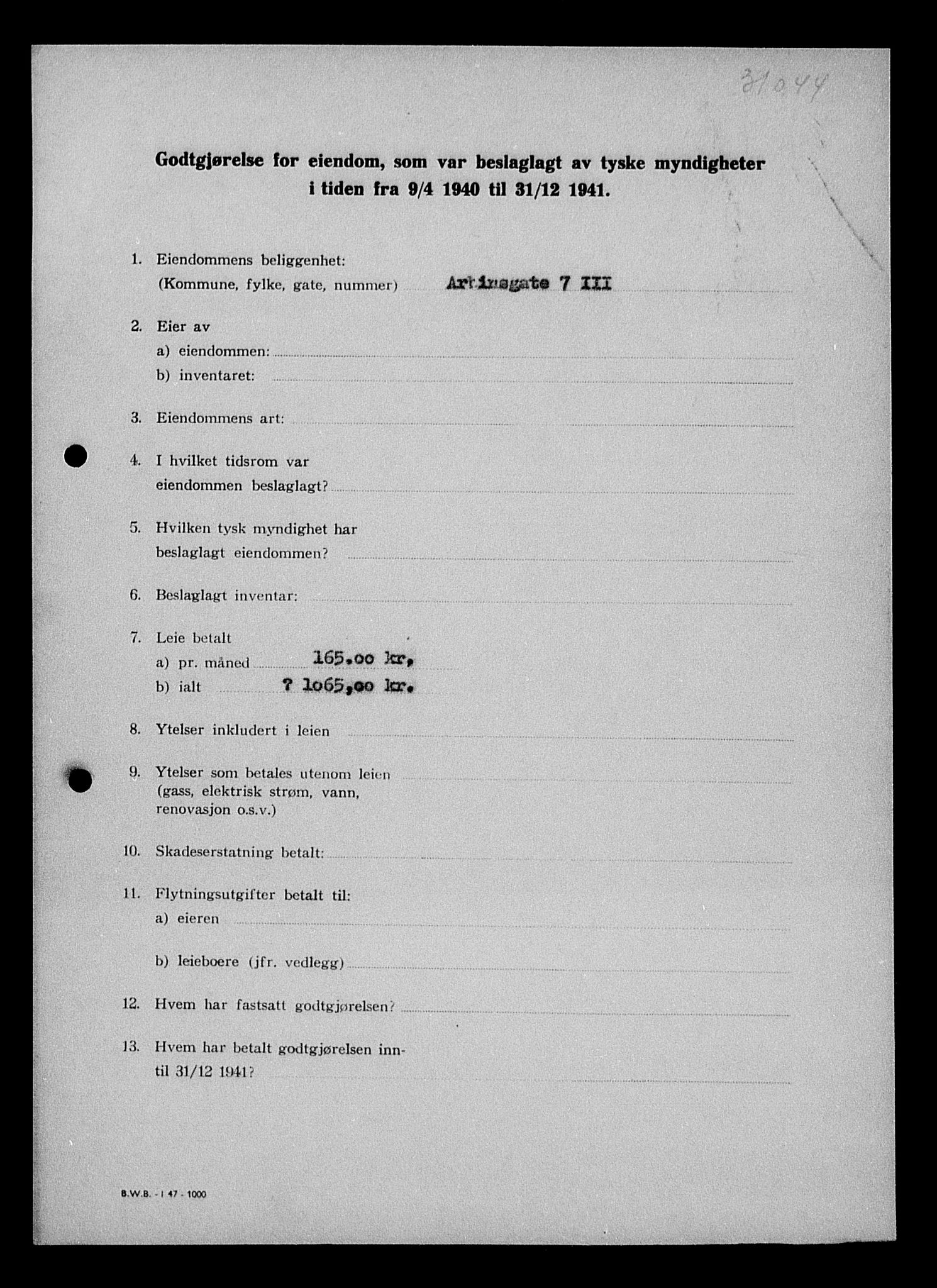 Justisdepartementet, Tilbakeføringskontoret for inndratte formuer, RA/S-1564/I/L1011: Godtgjørelse for beslaglagt eiendom, 1940-1941, p. 777