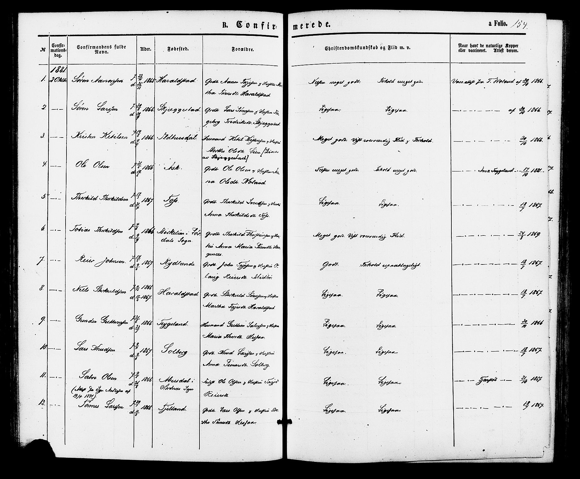 Bjelland sokneprestkontor, SAK/1111-0005/F/Fa/Faa/L0003: Parish register (official) no. A 3, 1867-1887, p. 154
