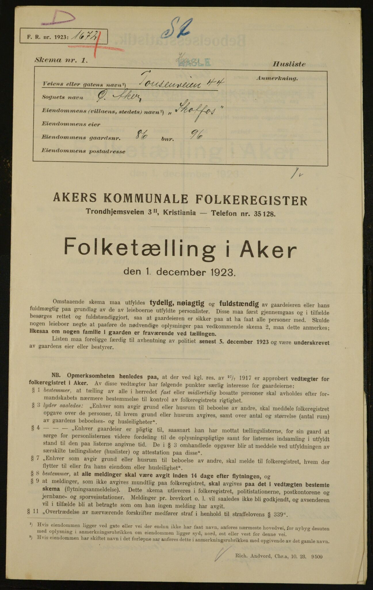 , Municipal Census 1923 for Aker, 1923, p. 33055