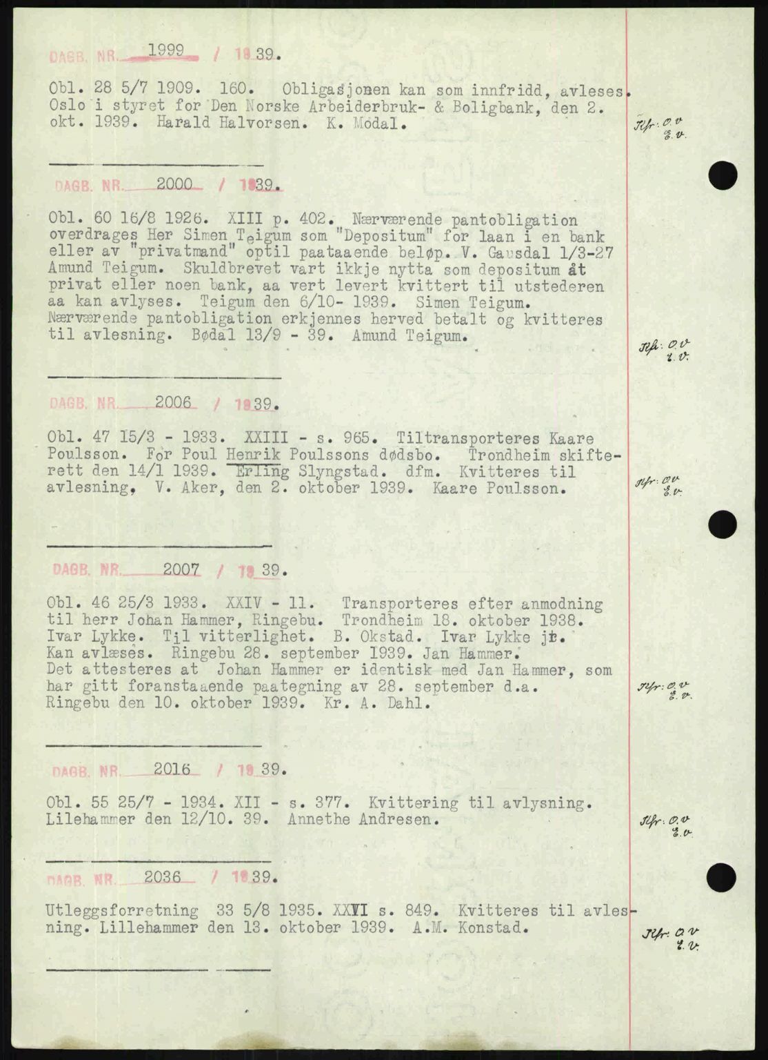Sør-Gudbrandsdal tingrett, SAH/TING-004/H/Hb/Hbf/L0002: Mortgage book no. C1, 1938-1951, Diary no: : 1999/1939