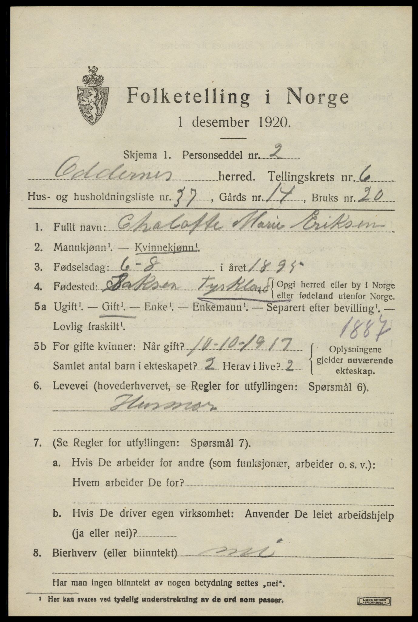 SAK, 1920 census for Oddernes, 1920, p. 5363