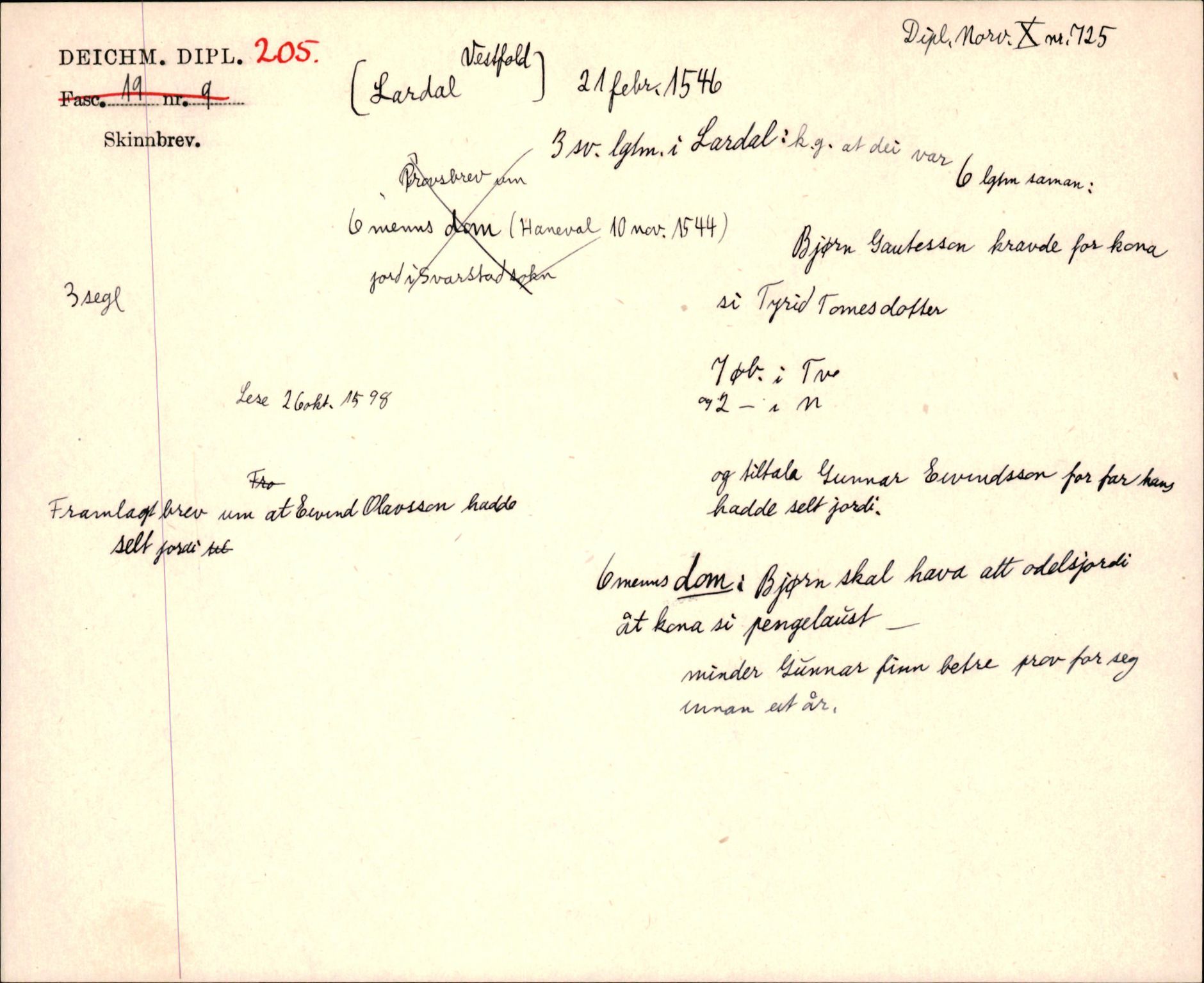 Riksarkivets diplomsamling, AV/RA-EA-5965/F35/F35j/L0001: Regestsedler: Deichmanske diplomer nr. 1-450, p. 425