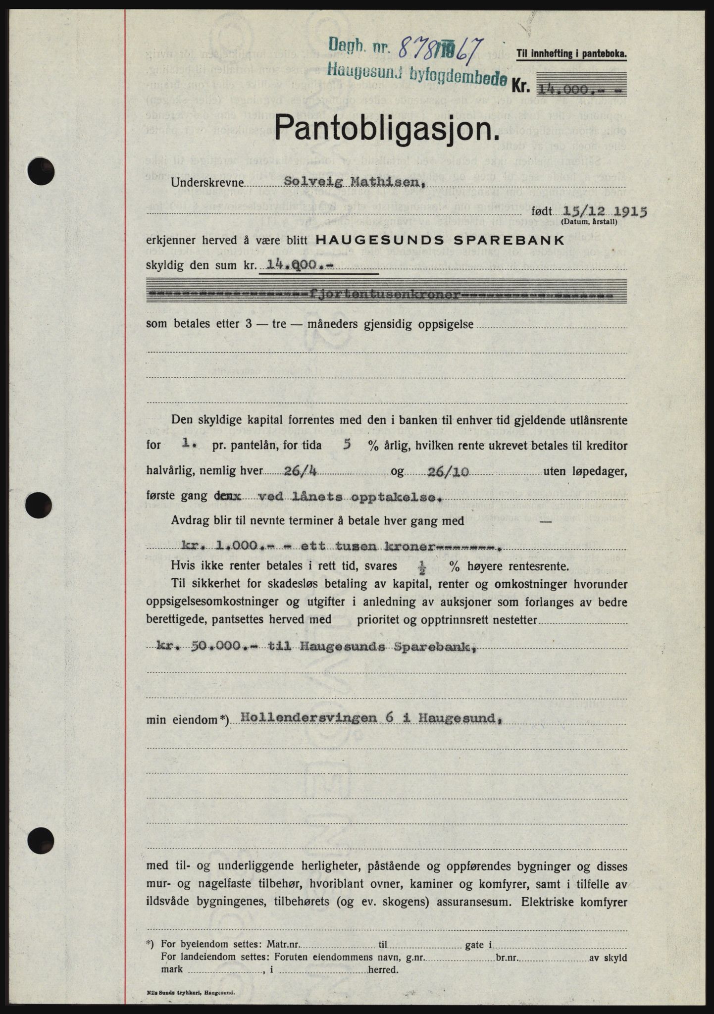 Haugesund tingrett, SAST/A-101415/01/II/IIC/L0056: Mortgage book no. B 56, 1966-1967, Diary no: : 878/1967