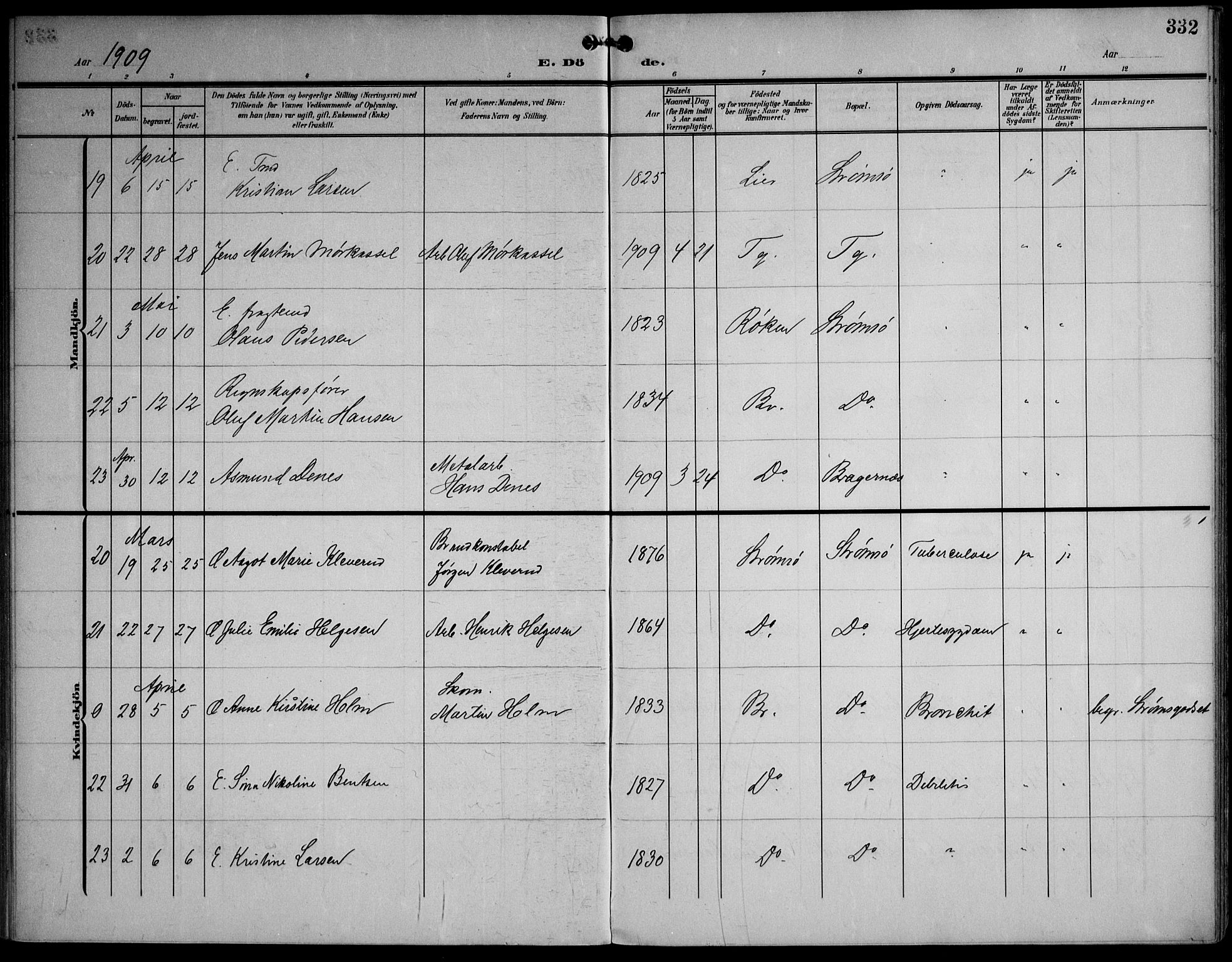 Strømsø kirkebøker, AV/SAKO-A-246/F/Fa/L0026: Parish register (official) no. I 26, 1905-1914, p. 332