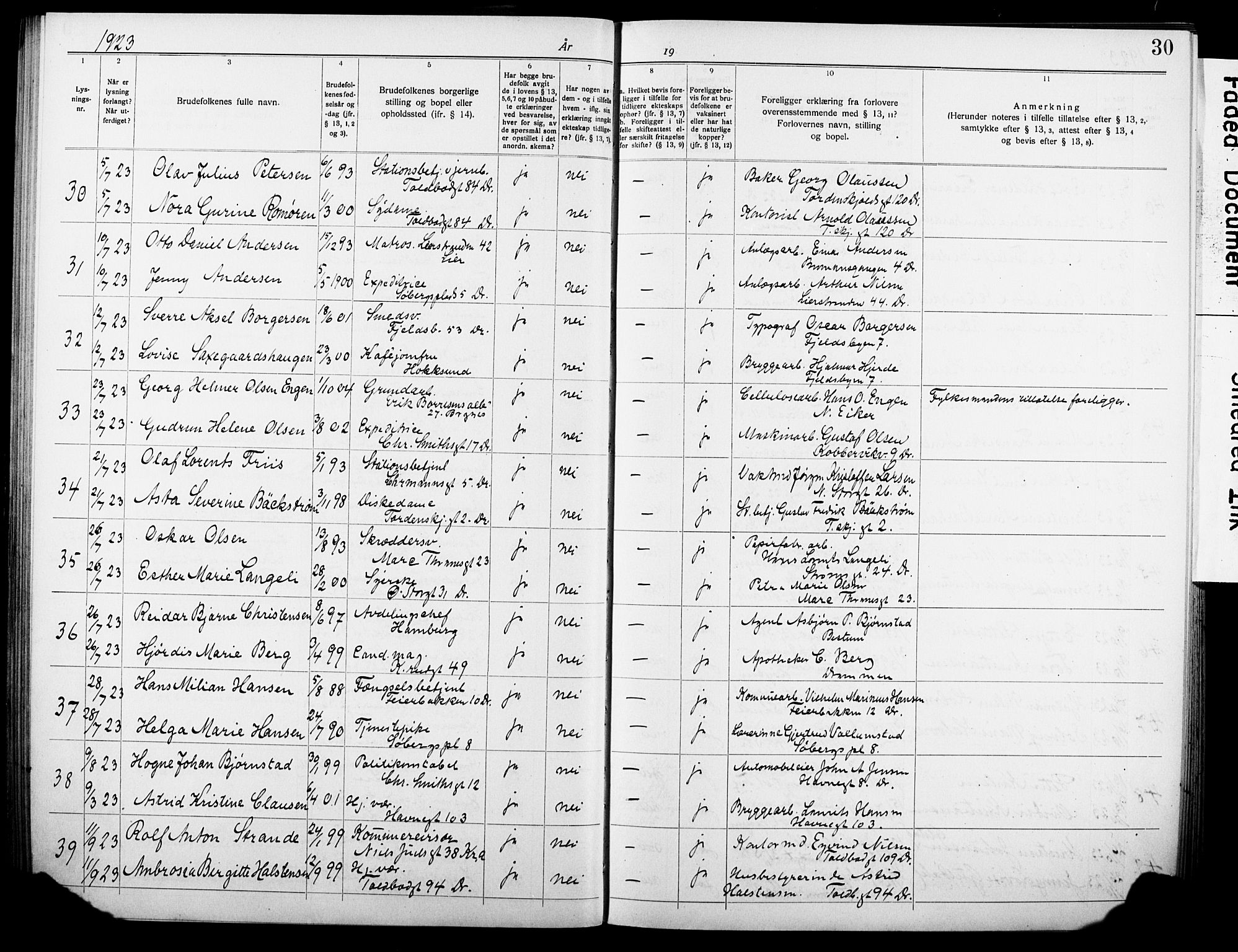 Strømsø kirkebøker, AV/SAKO-A-246/H/Ha/L0018: Banns register no. 18, 1920-1932, p. 30