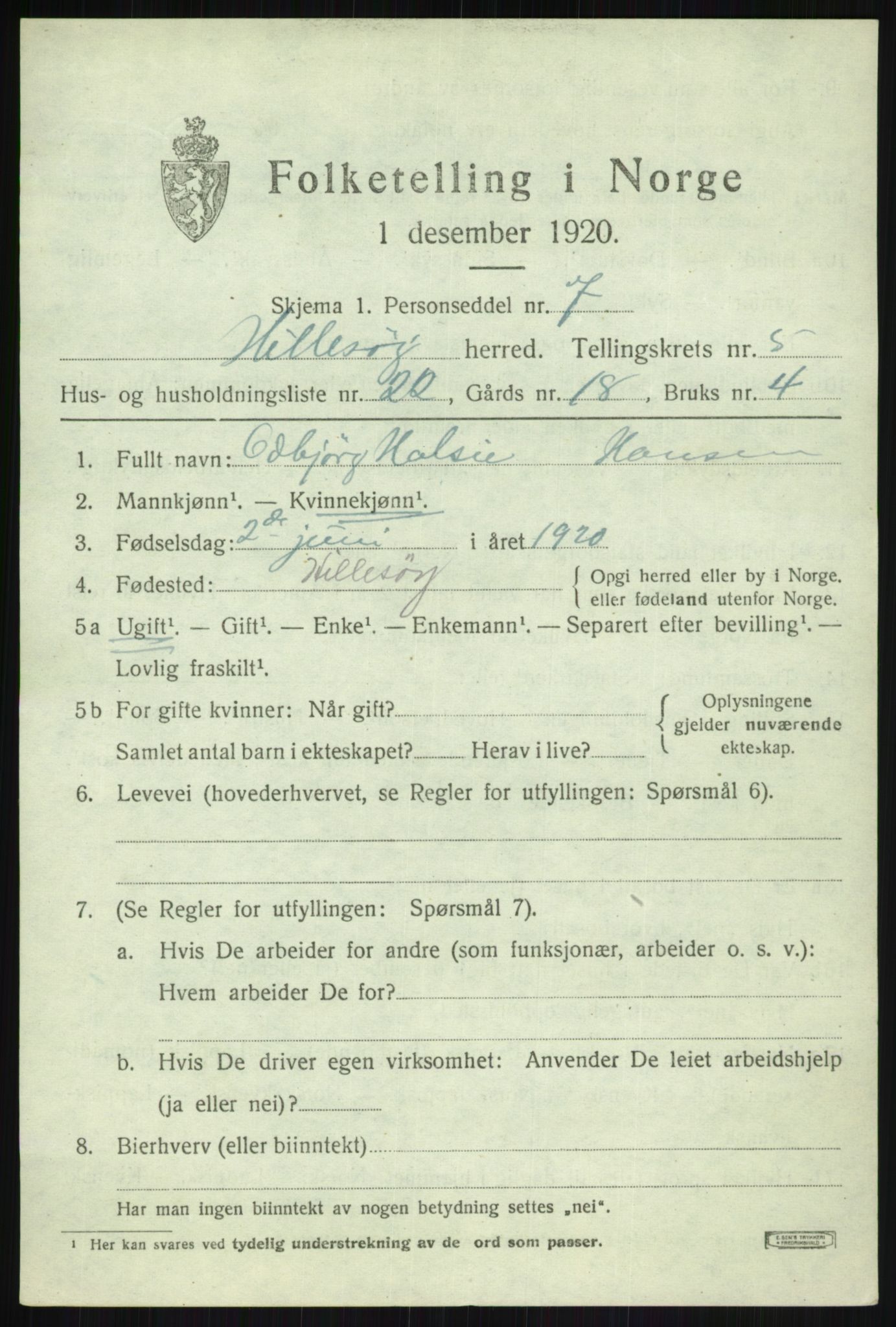 SATØ, 1920 census for Hillesøy, 1920, p. 2901