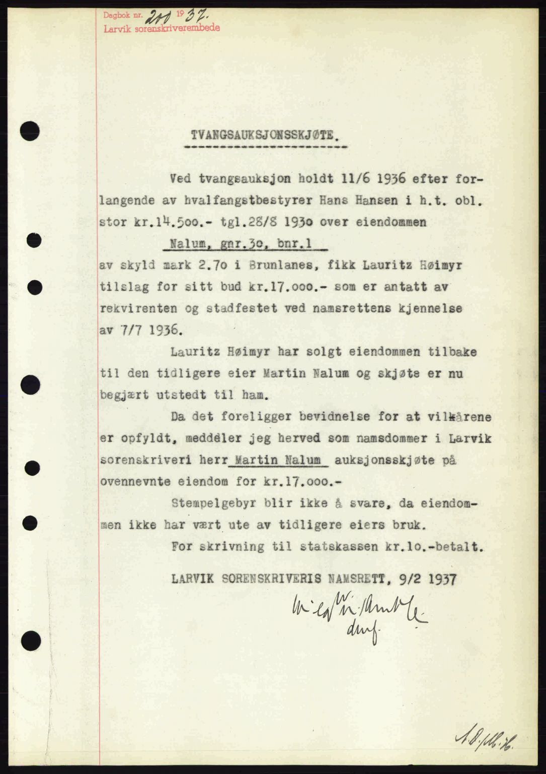 Larvik sorenskriveri, SAKO/A-83/G/Ga/Gab/L0067: Mortgage book no. A-1, 1936-1937, Diary no: : 200/1937