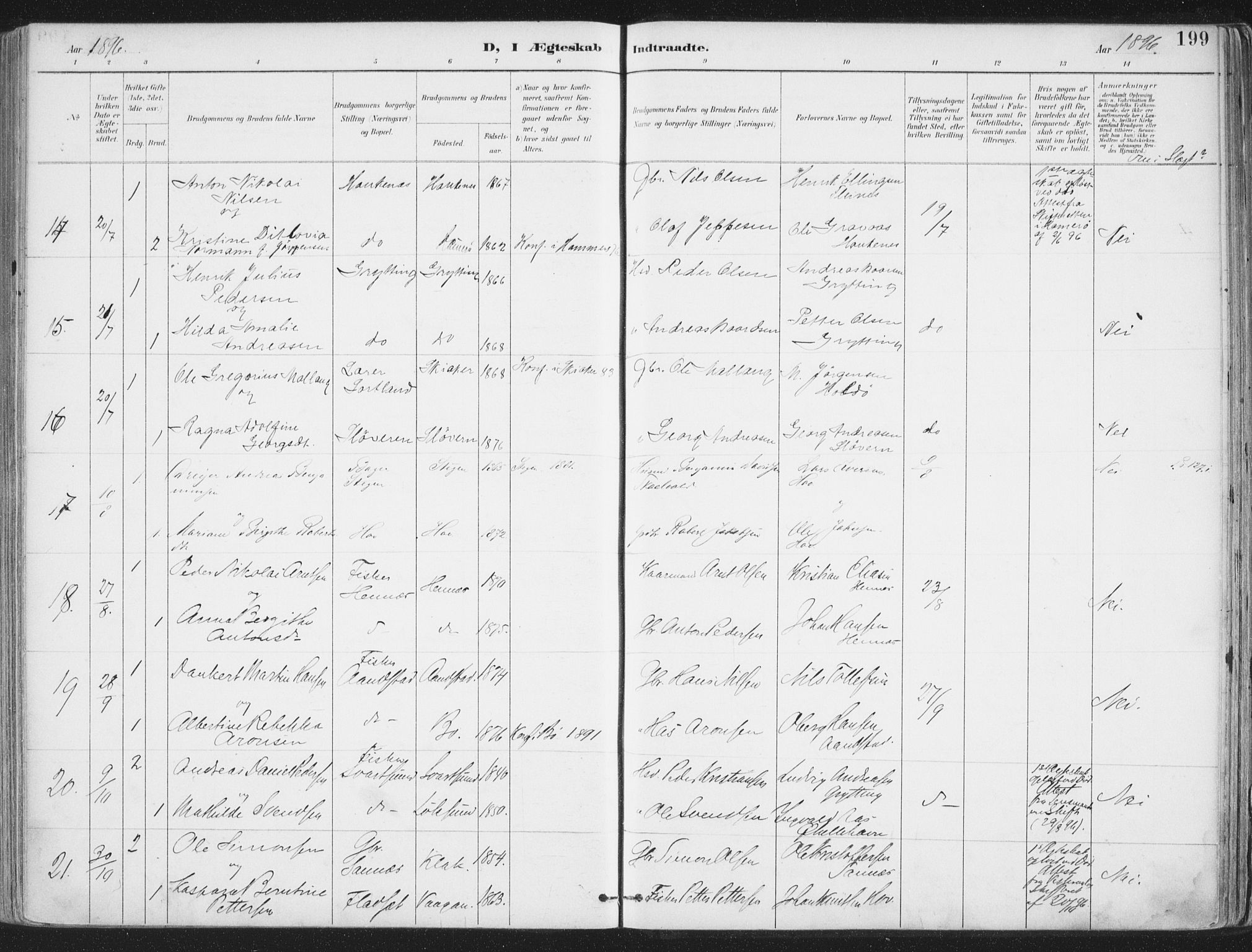 Ministerialprotokoller, klokkerbøker og fødselsregistre - Nordland, SAT/A-1459/888/L1246: Parish register (official) no. 888A12, 1891-1903, p. 199