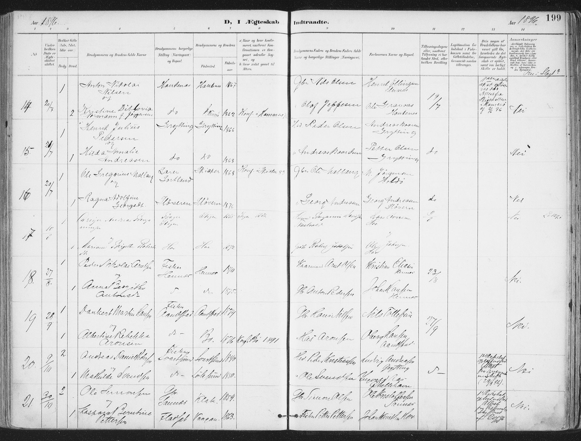 Ministerialprotokoller, klokkerbøker og fødselsregistre - Nordland, AV/SAT-A-1459/888/L1246: Parish register (official) no. 888A12, 1891-1903, p. 199