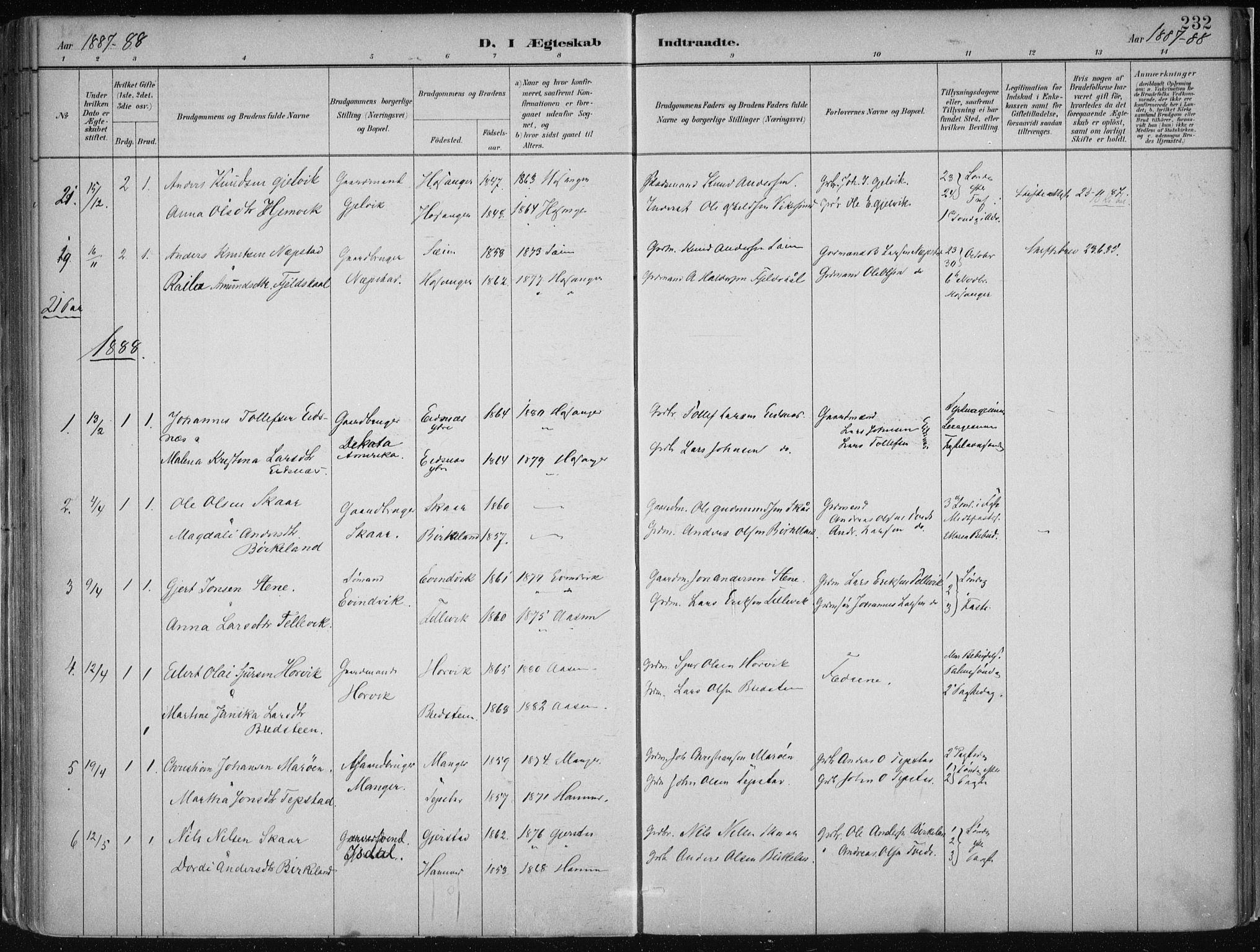 Hamre sokneprestembete, SAB/A-75501/H/Ha/Haa/Haab/L0001: Parish register (official) no. B  1, 1882-1905, p. 232