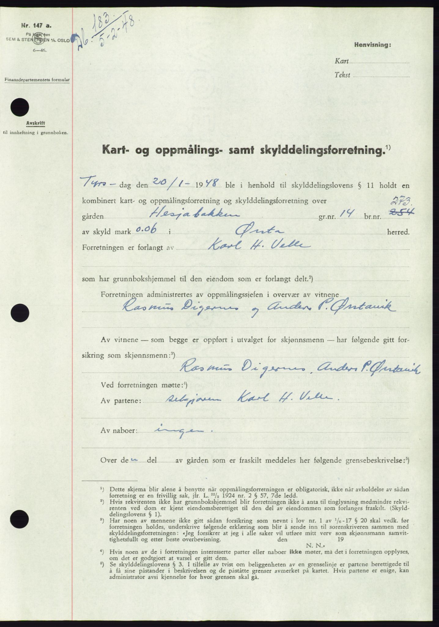 Søre Sunnmøre sorenskriveri, AV/SAT-A-4122/1/2/2C/L0082: Mortgage book no. 8A, 1948-1948, Diary no: : 183/1948