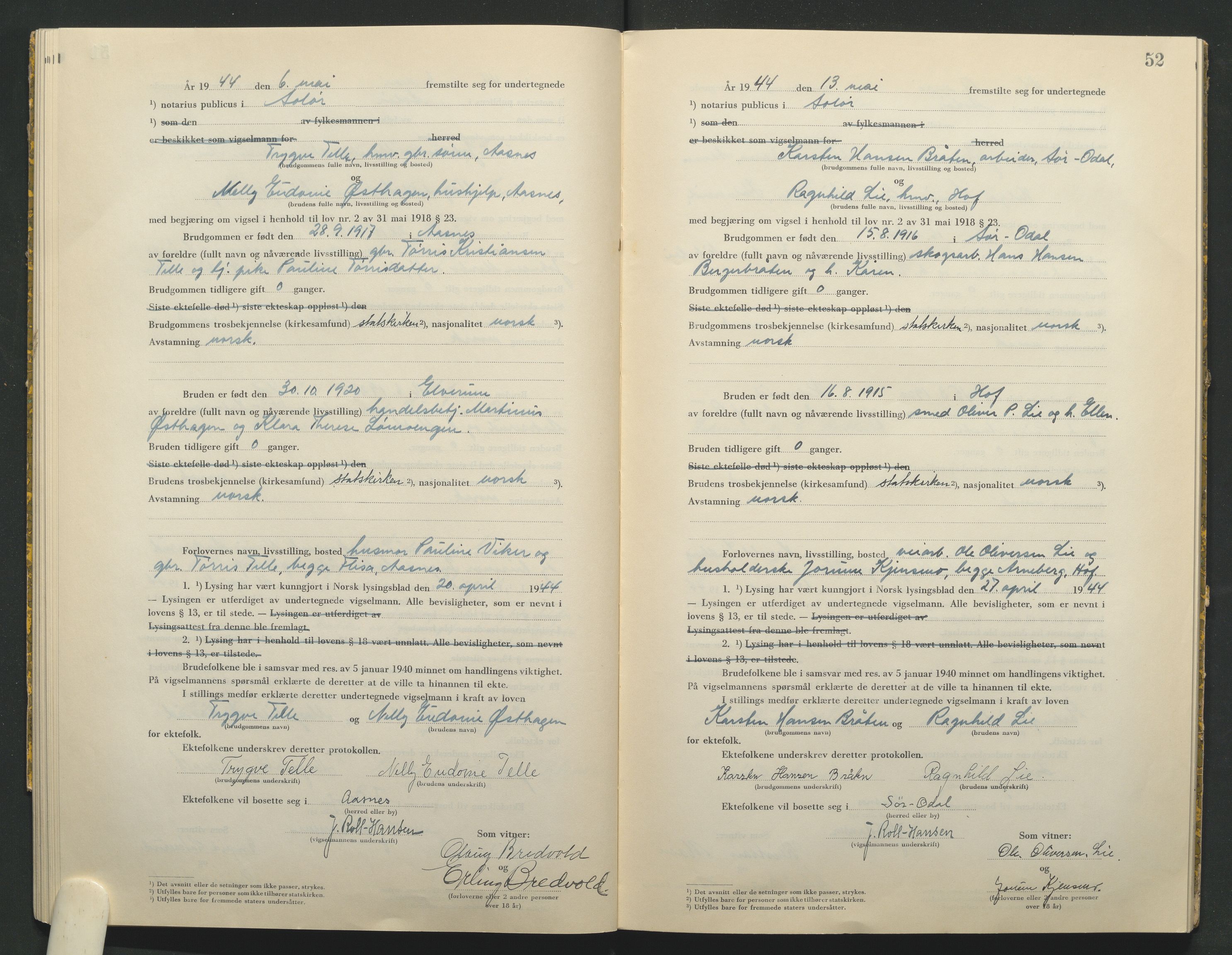 Solør tingrett, AV/SAH-TING-008/L/Lb/L0002: Vigselprotokoll, 1943-1944, p. 52