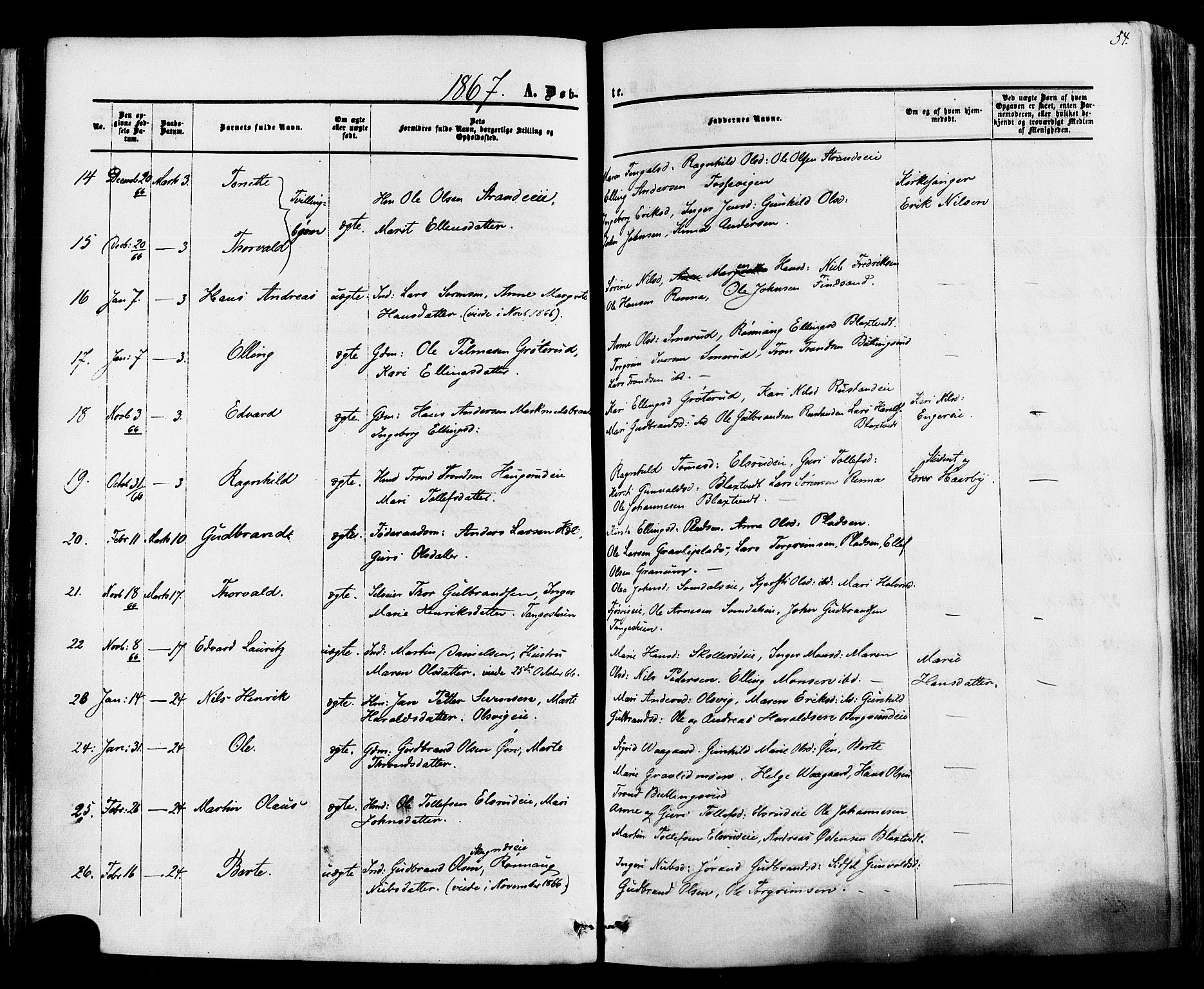 Ådal kirkebøker, AV/SAKO-A-248/F/Fa/L0001: Parish register (official) no. I 1, 1857-1883, p. 54