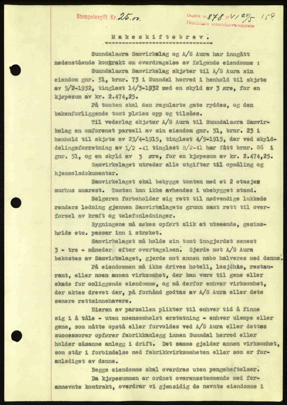 Nordmøre sorenskriveri, SAT/A-4132/1/2/2Ca: Mortgage book no. A90, 1941-1941, Diary no: : 878/1941