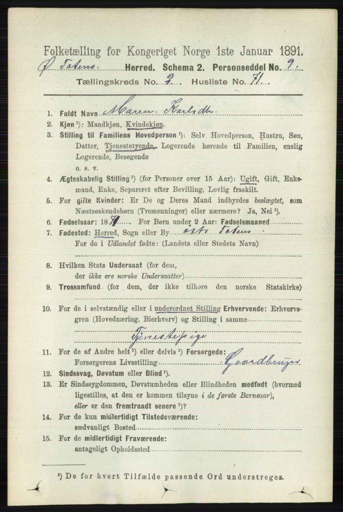 RA, 1891 census for 0528 Østre Toten, 1891, p. 1209