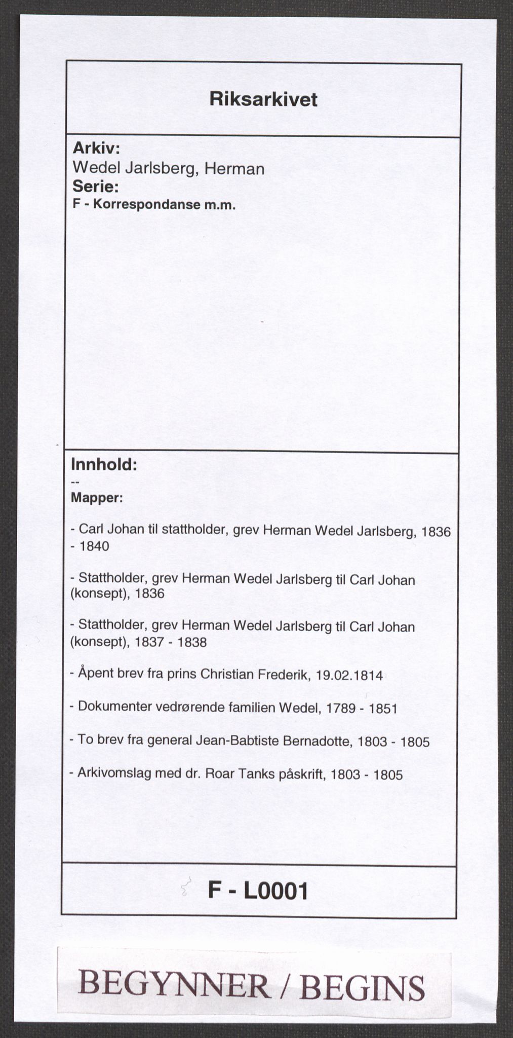 Wedel Jarlsberg, Herman, AV/RA-PA-1434/F/L0001: --, 1789-1851