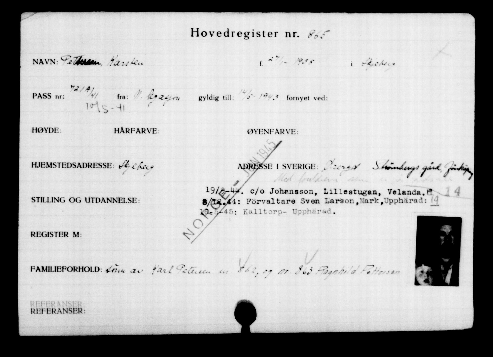 Utenriksstasjonene, Legasjonen i Stockholm, Flyktningkontoret, AV/RA-S-6753/V/Va/L0001: Kjesäterkartoteket, flyktninger med registreringsnr. 1-1000, 1940-1945, p. 1375