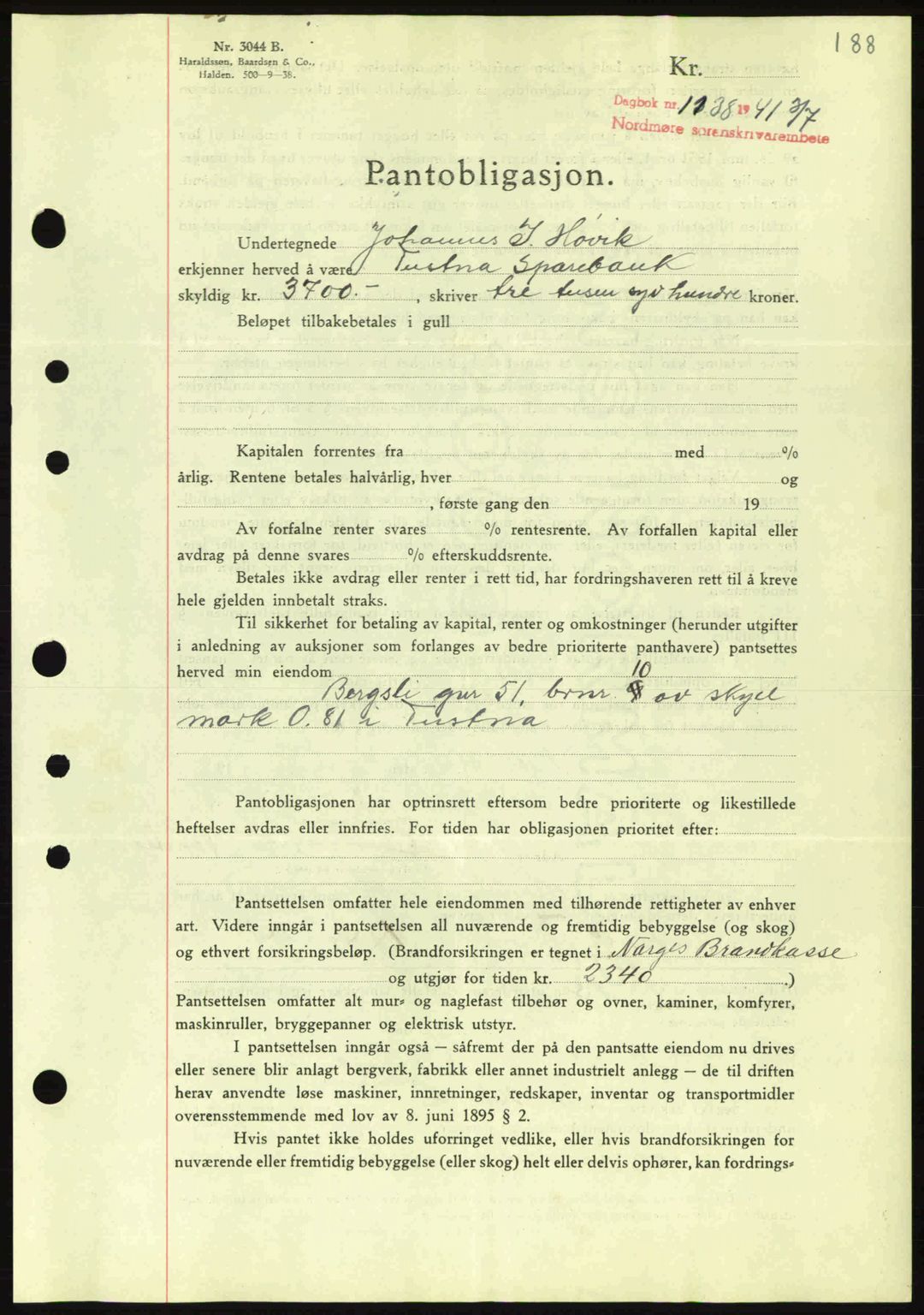 Nordmøre sorenskriveri, SAT/A-4132/1/2/2Ca: Mortgage book no. B88, 1941-1942, Diary no: : 1138/1941