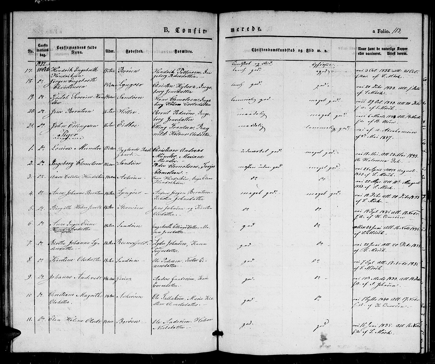 Dypvåg sokneprestkontor, AV/SAK-1111-0007/F/Fb/Fba/L0010: Parish register (copy) no. B 10, 1842-1857, p. 113