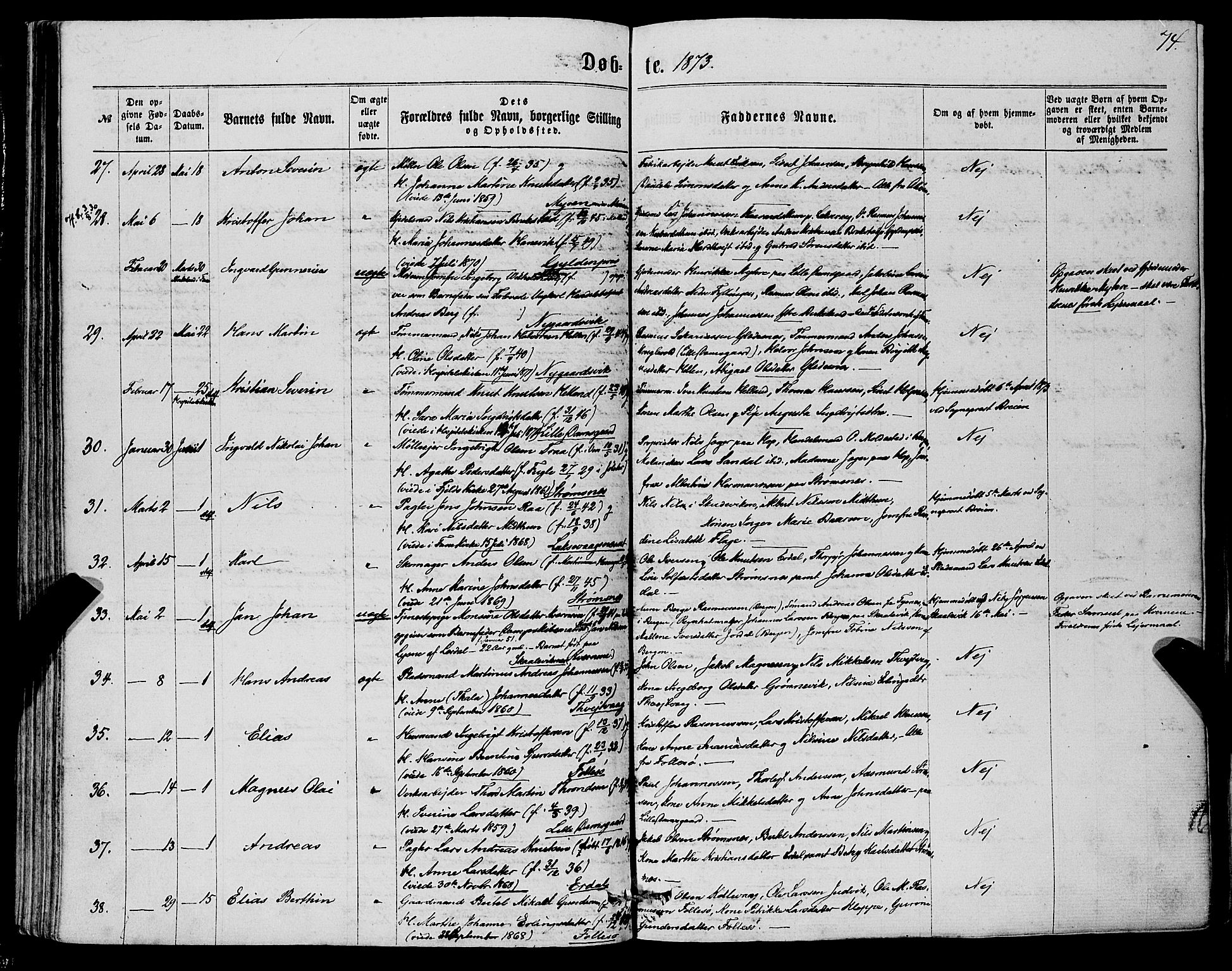 Askøy Sokneprestembete, AV/SAB-A-74101/H/Ha/Haa/Haaa/L0009: Parish register (official) no. A 9, 1863-1877, p. 74