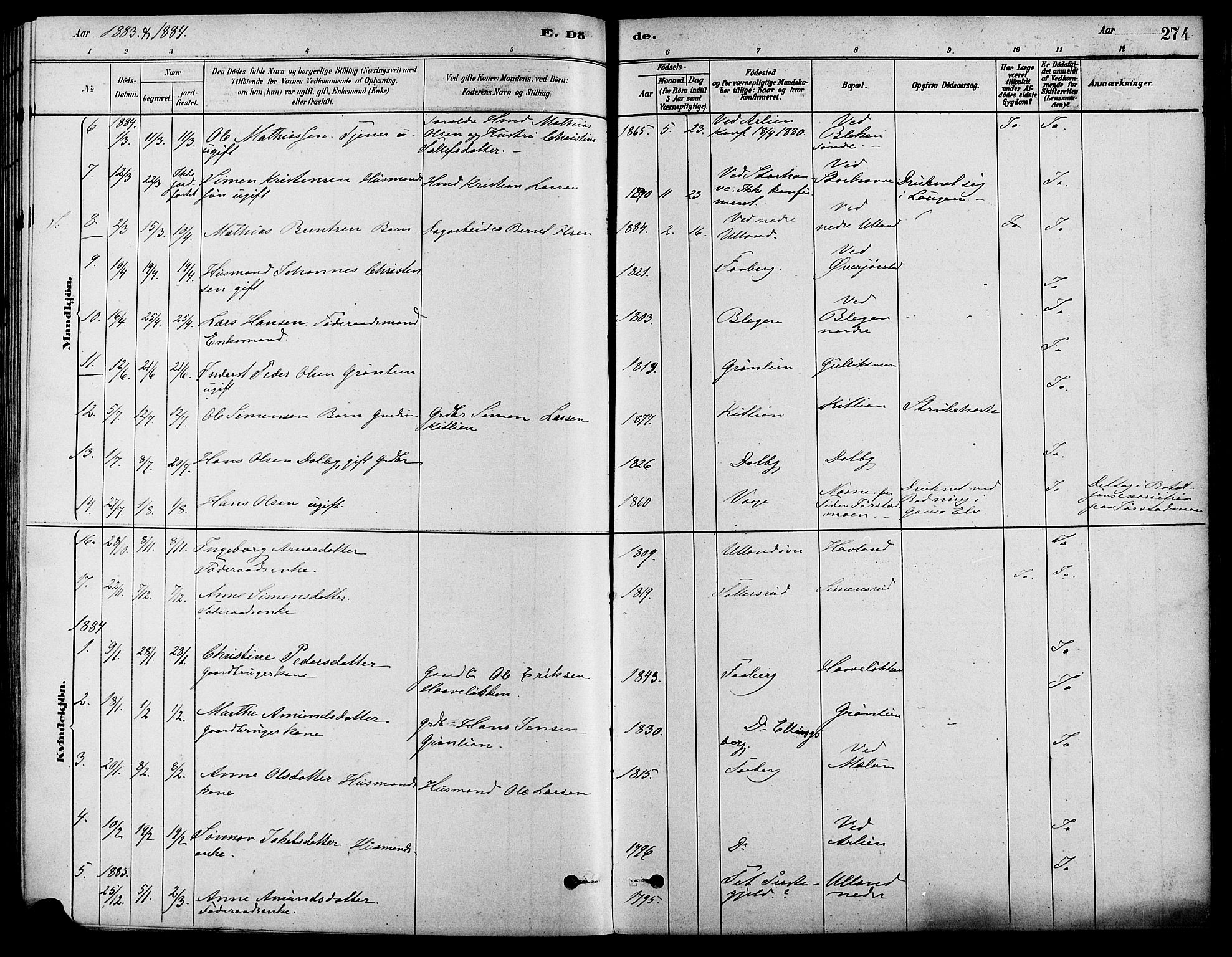 Fåberg prestekontor, AV/SAH-PREST-086/H/Ha/Haa/L0008: Parish register (official) no. 8, 1879-1898, p. 274