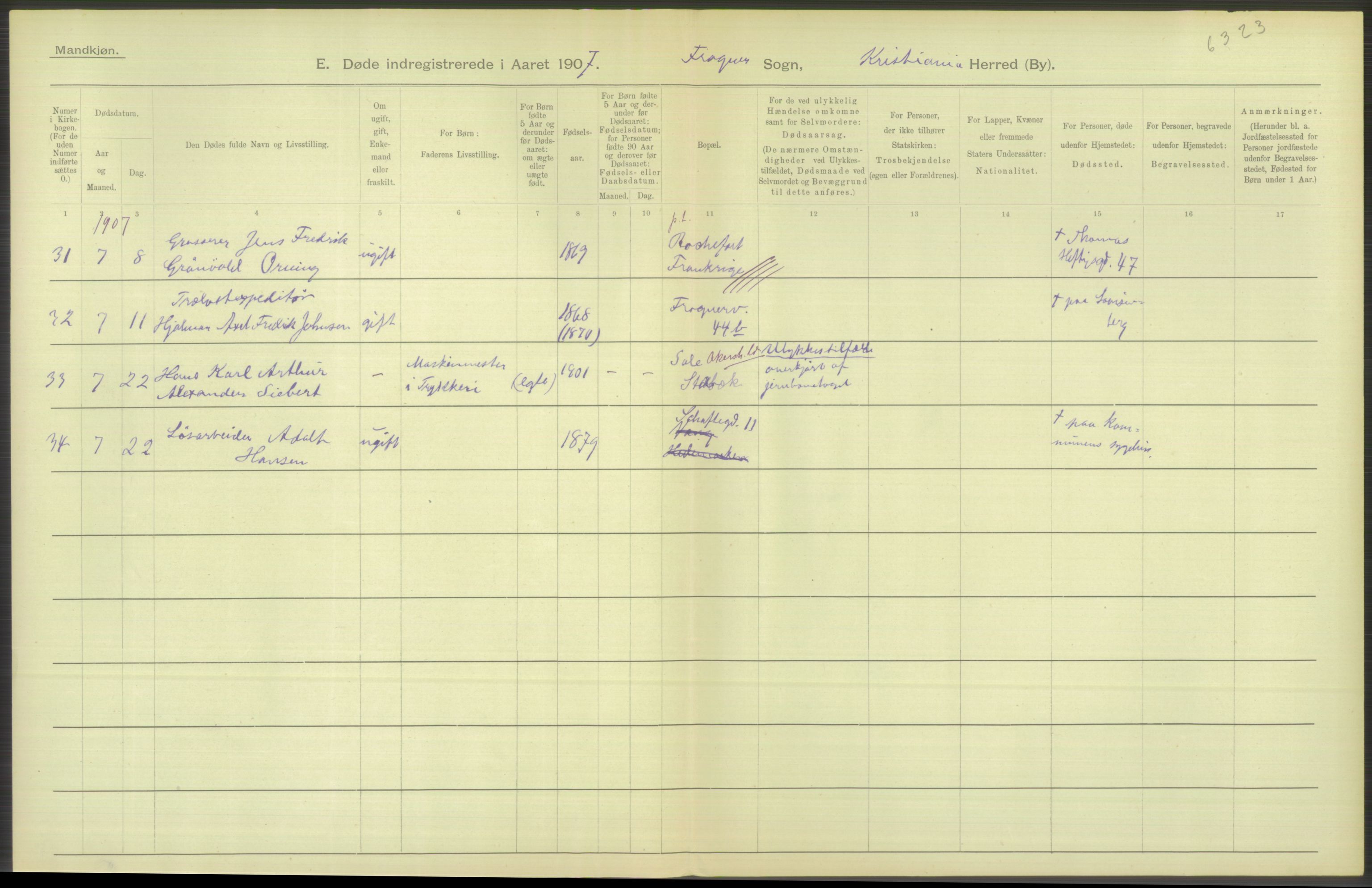 Statistisk sentralbyrå, Sosiodemografiske emner, Befolkning, AV/RA-S-2228/D/Df/Dfa/Dfae/L0010: Kristiania: Døde, dødfødte, 1907, p. 524