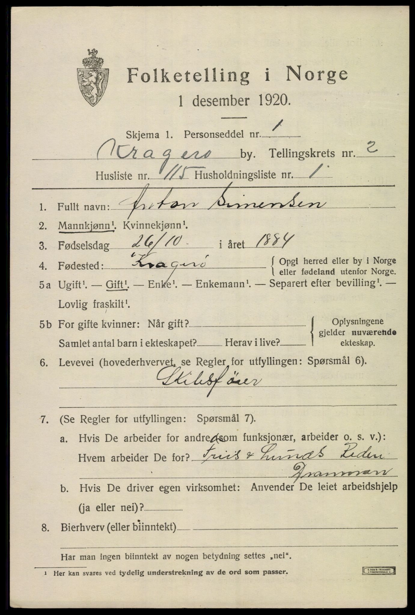 SAKO, 1920 census for Kragerø, 1920, p. 6653