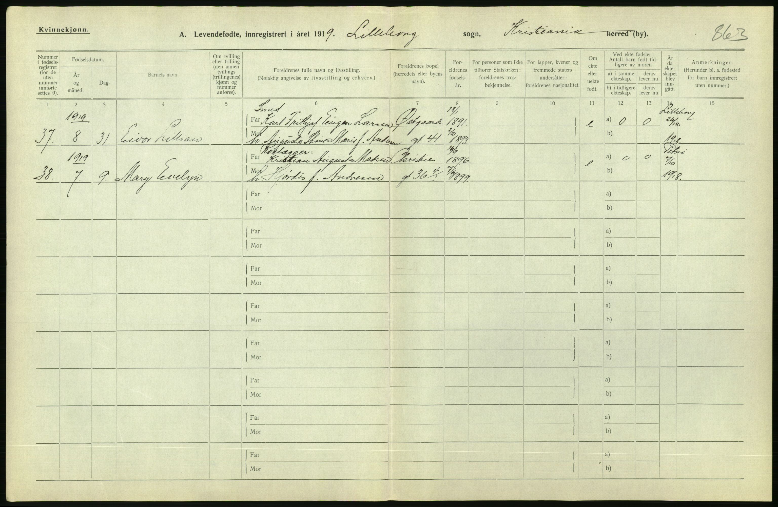 Statistisk sentralbyrå, Sosiodemografiske emner, Befolkning, AV/RA-S-2228/D/Df/Dfb/Dfbi/L0008: Kristiania: Levendefødte menn og kvinner., 1919