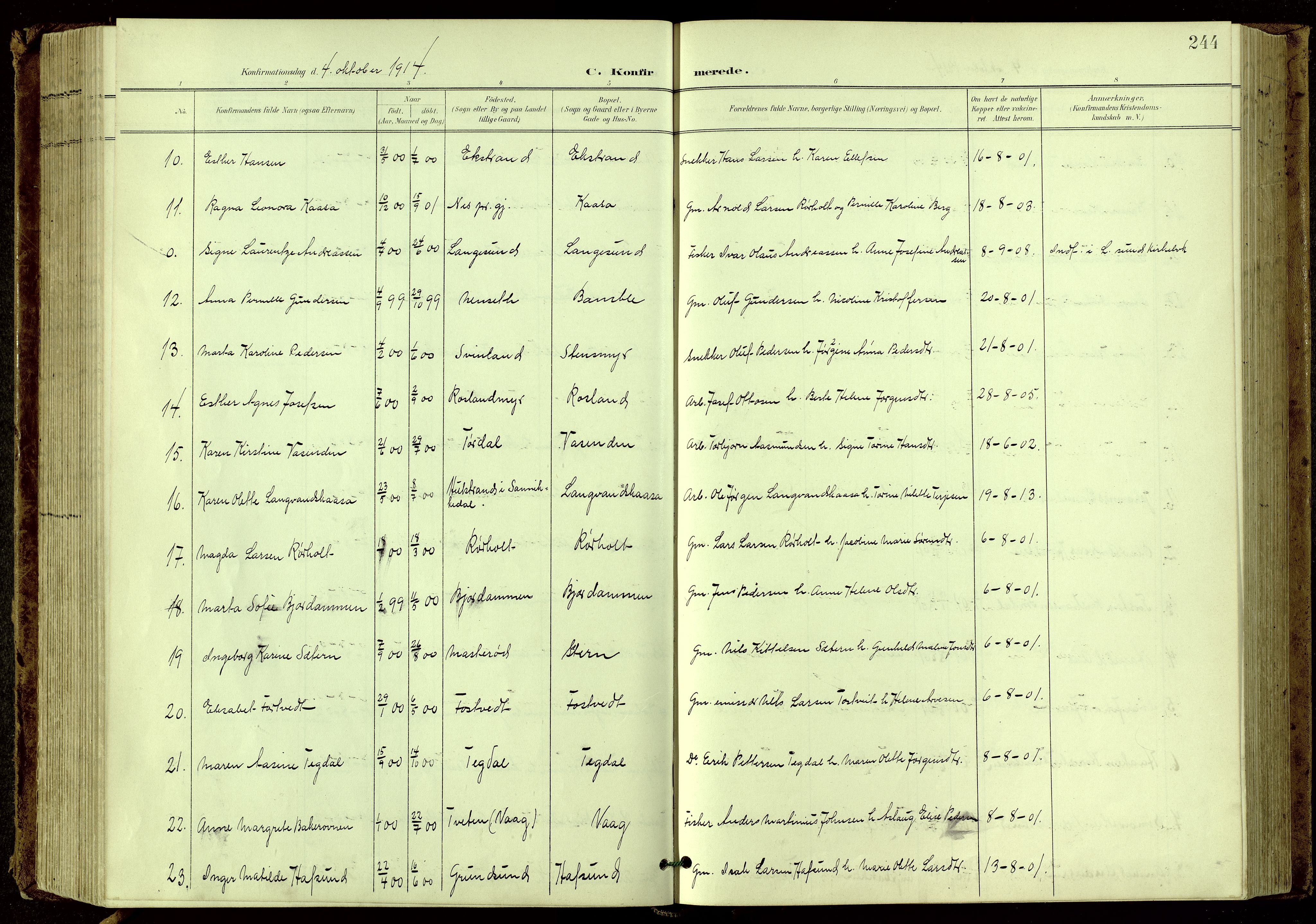 Bamble kirkebøker, SAKO/A-253/G/Ga/L0010: Parish register (copy) no. I 10, 1901-1919, p. 244