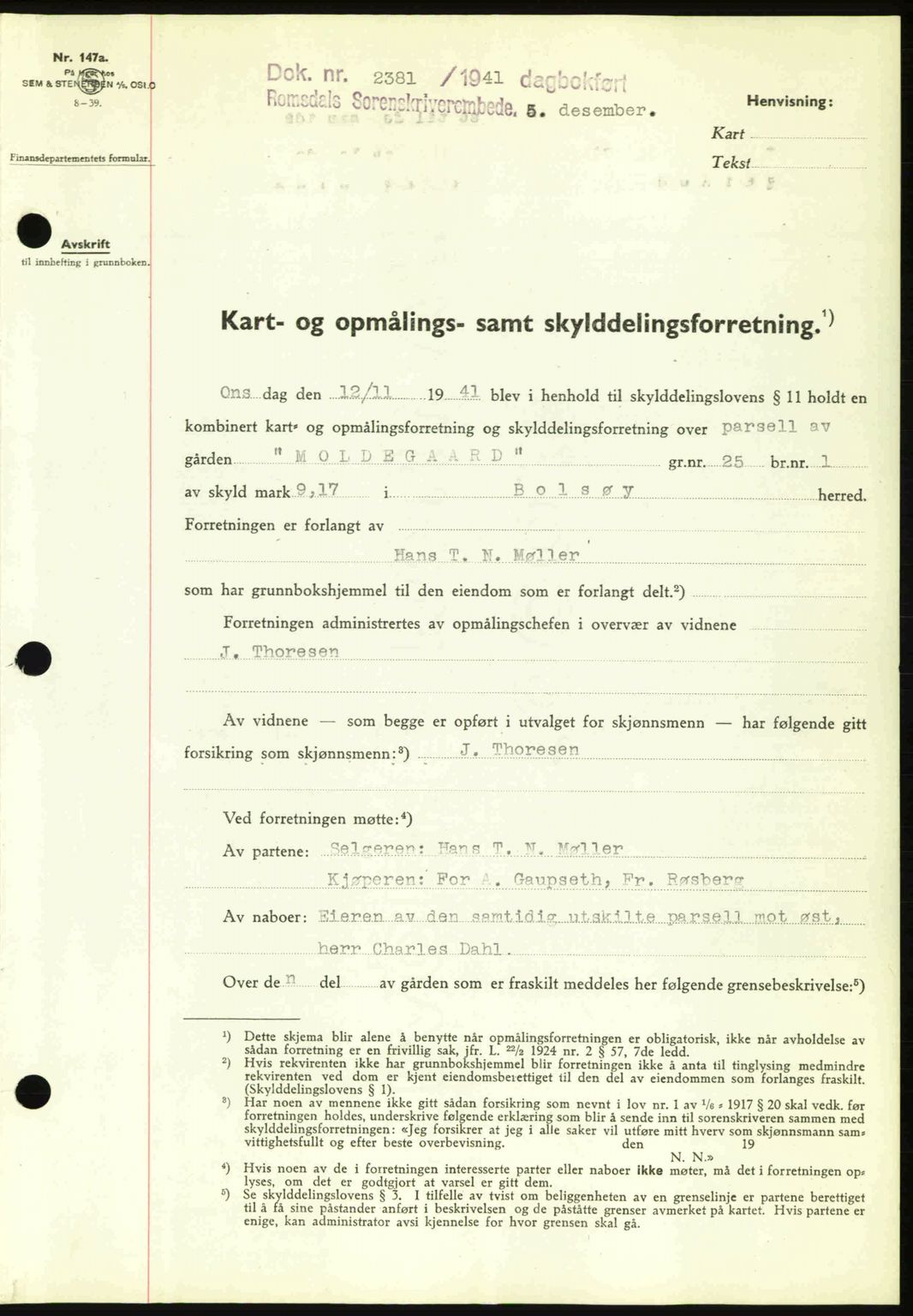 Romsdal sorenskriveri, AV/SAT-A-4149/1/2/2C: Mortgage book no. A11, 1941-1942, Diary no: : 2381/1941