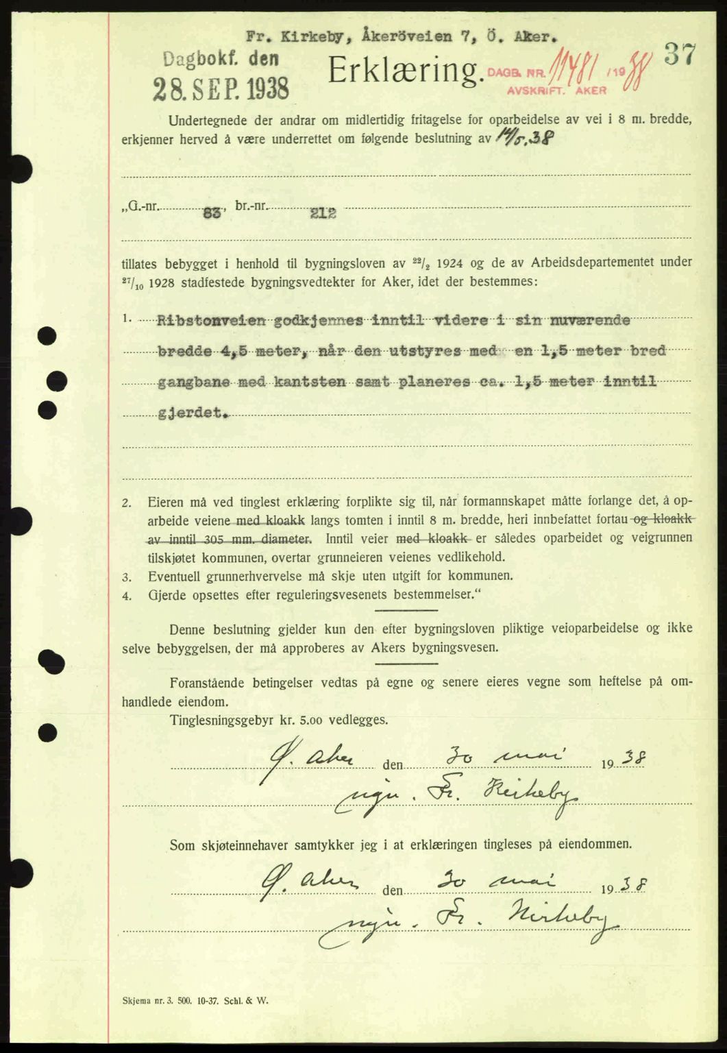 Aker herredsskriveri, SAO/A-10896/G/Gb/Gba/Gbab/L0025: Mortgage book no. A154-155, 1938-1938, Diary no: : 11481/1938