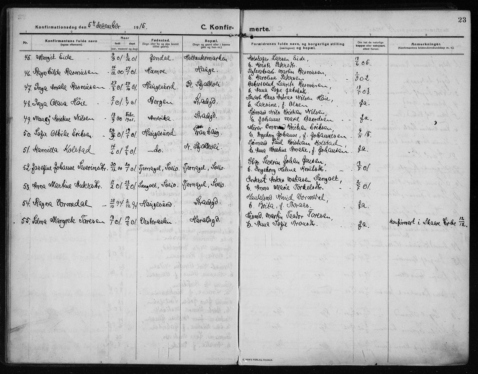 Haugesund sokneprestkontor, AV/SAST-A -101863/H/Ha/Haa/L0009: Parish register (official) no. A 9, 1914-1929, p. 23