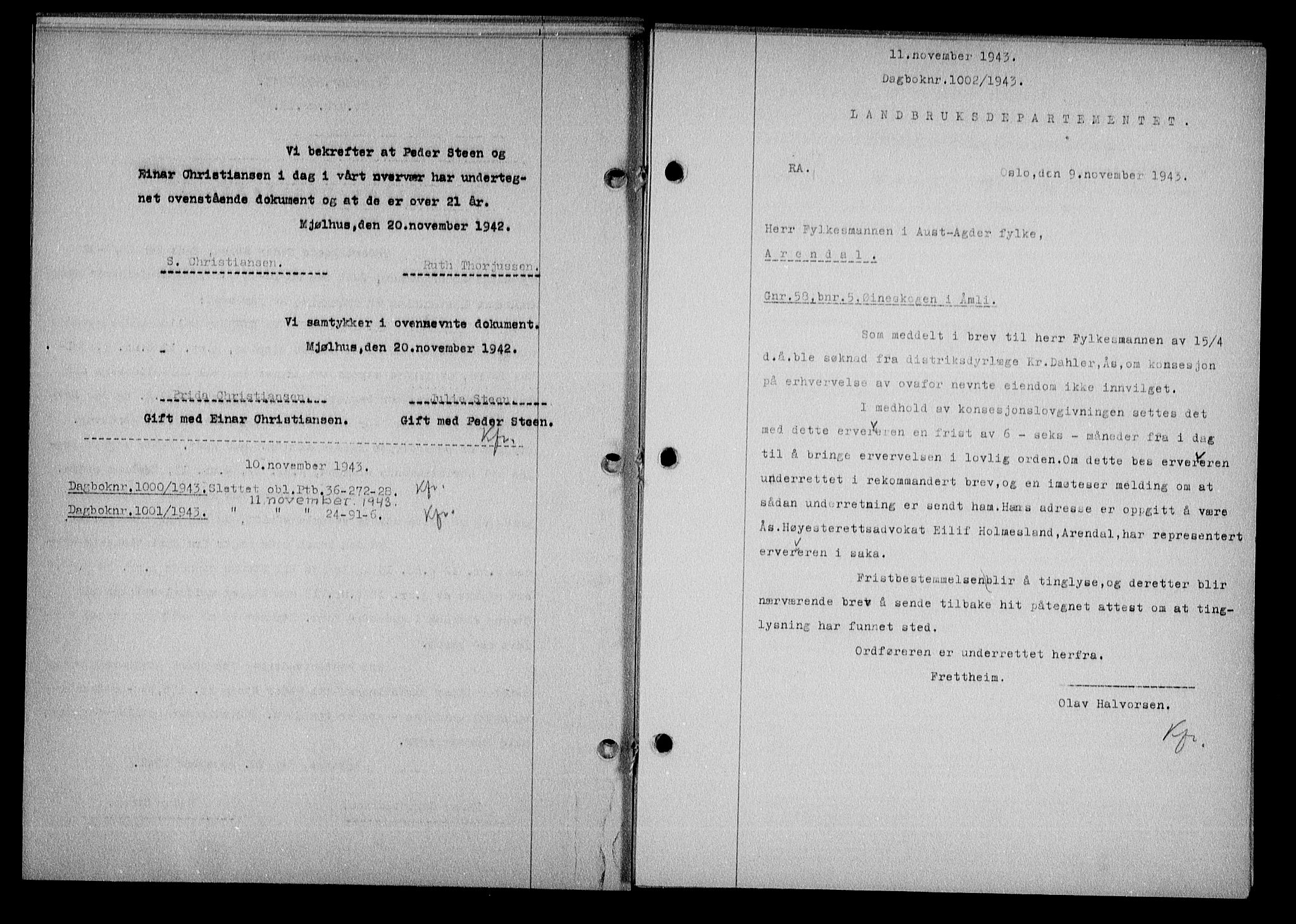 Nedenes sorenskriveri, SAK/1221-0006/G/Gb/Gba/L0051: Mortgage book no. A-V, 1943-1944, Diary no: : 1002/1943