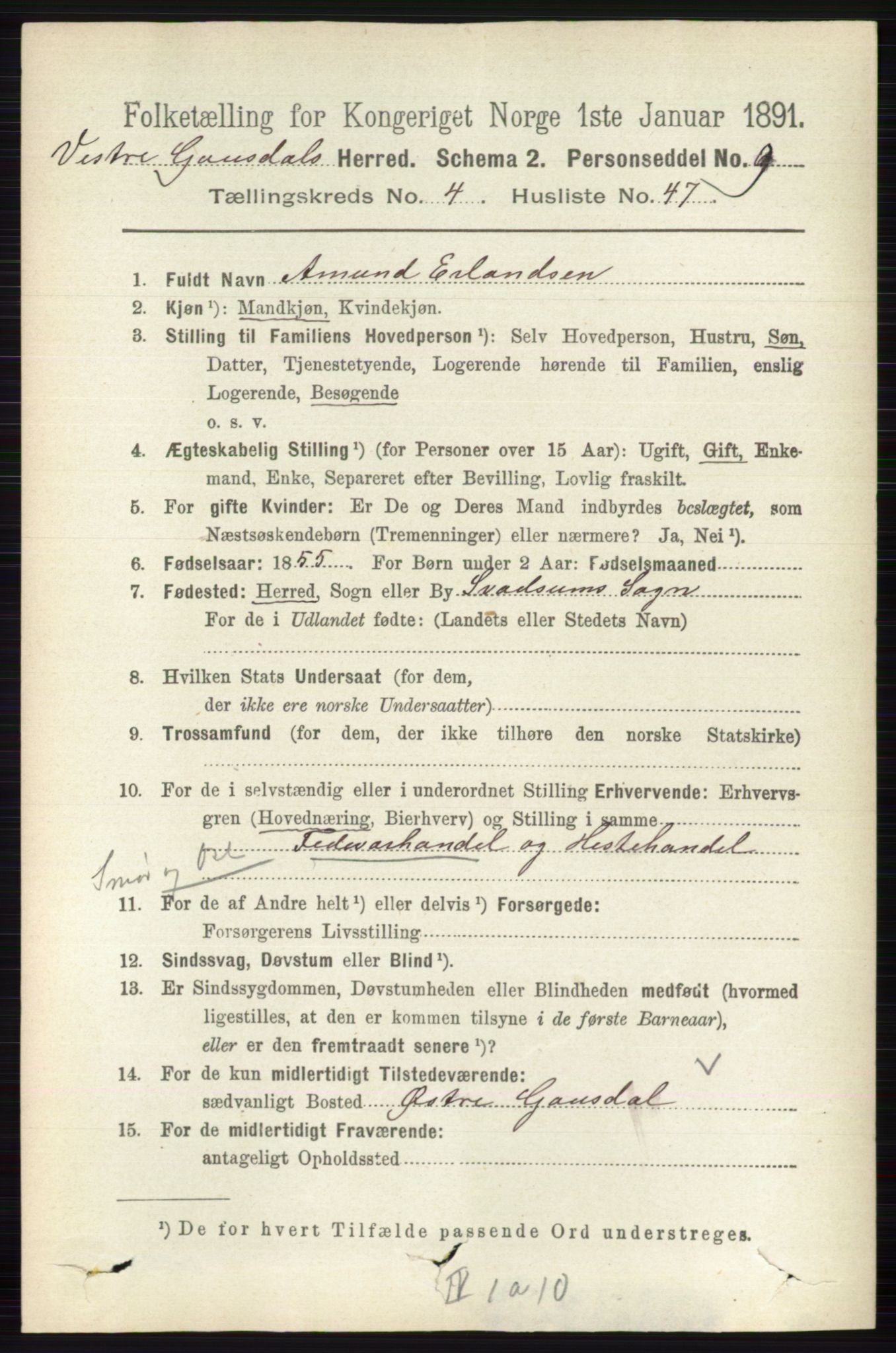 RA, 1891 census for 0523 Vestre Gausdal, 1891, p. 1975