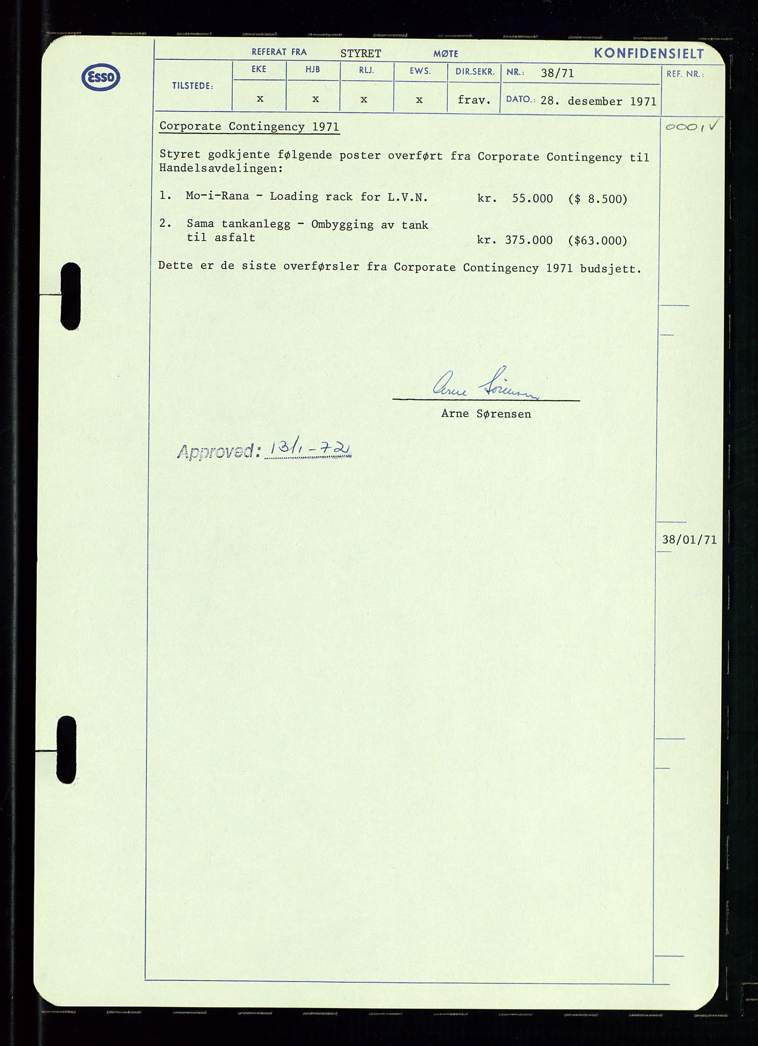 Pa 0982 - Esso Norge A/S, AV/SAST-A-100448/A/Aa/L0003/0002: Den administrerende direksjon Board minutes (styrereferater) og Bedriftforsamlingsprotokoll / Den administrerende direksjon Board minutes (styrereferater), 1970-1974, p. 127