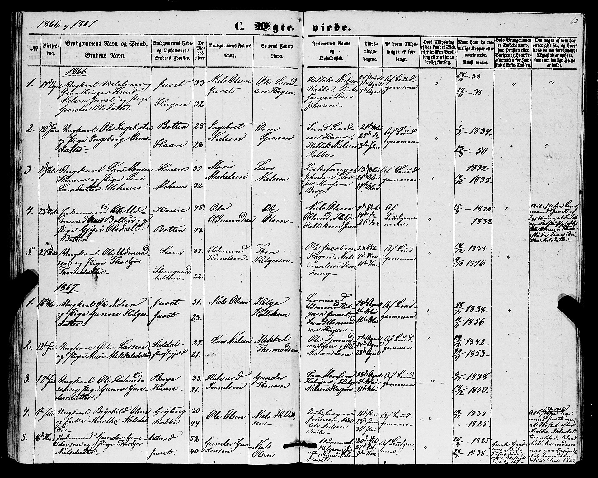 Røldal sokneprestembete, SAB/A-100247: Parish register (official) no. A 3, 1856-1870, p. 62