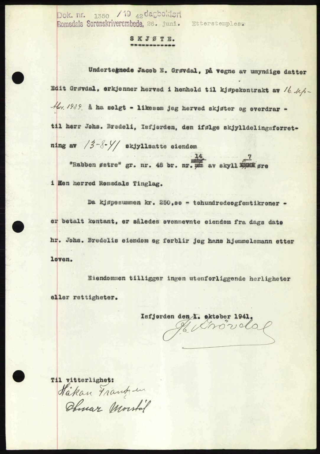 Romsdal sorenskriveri, AV/SAT-A-4149/1/2/2C: Mortgage book no. A12, 1942-1942, Diary no: : 1350/1942