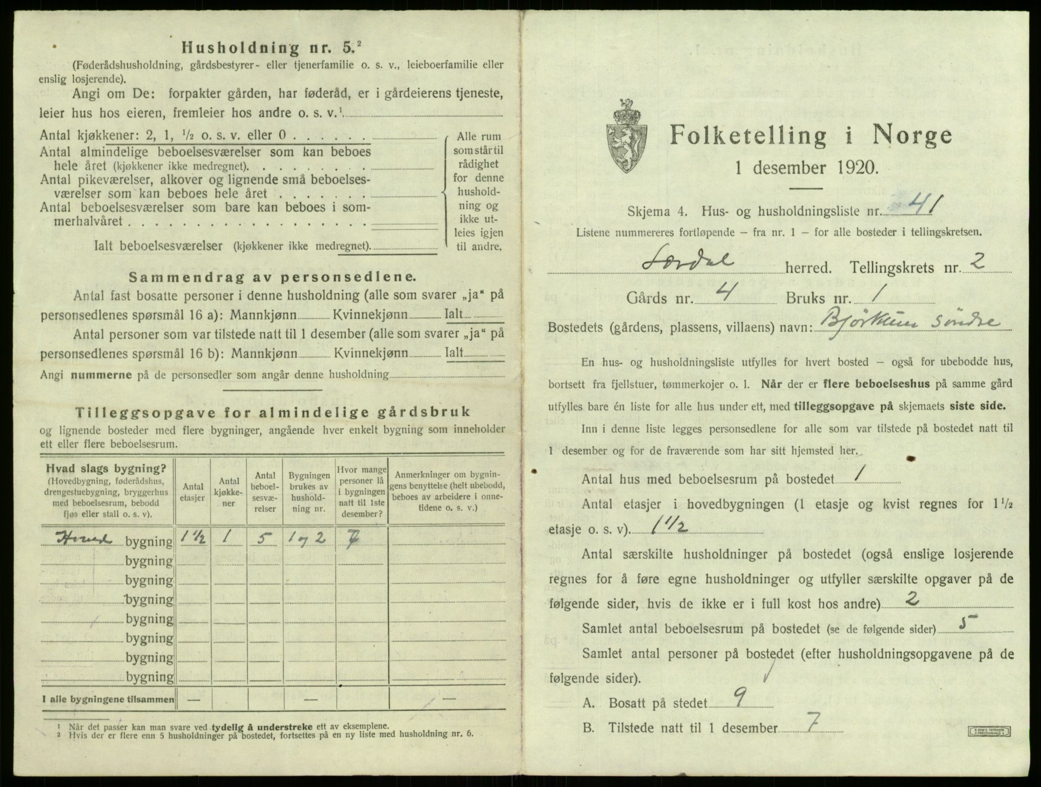 SAB, 1920 census for Lærdal, 1920, p. 210