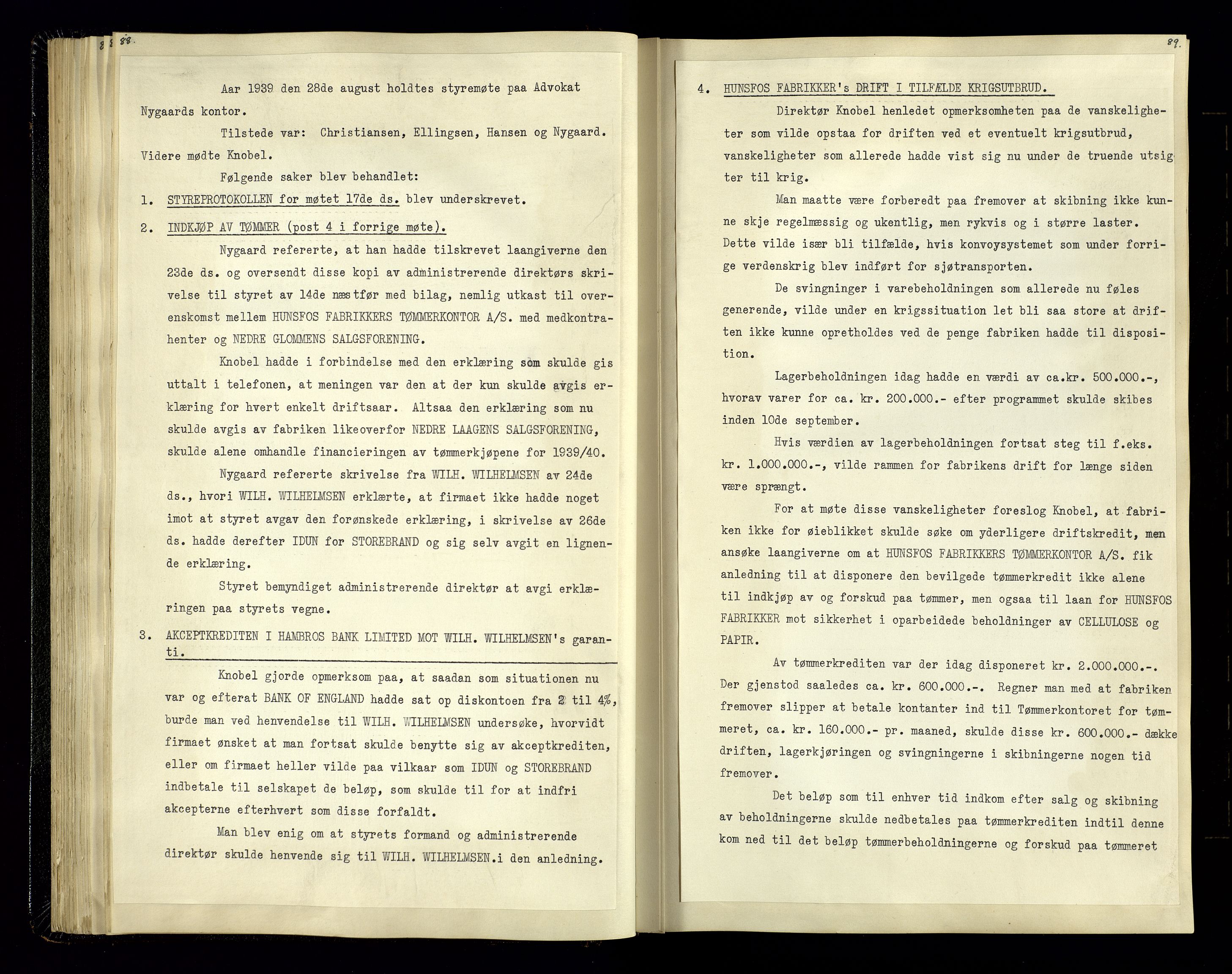 Hunsfos fabrikker, AV/SAK-D/1440/02/L0006: Referatprotokoll fra styremøter, 1938-1950, p. 88-89