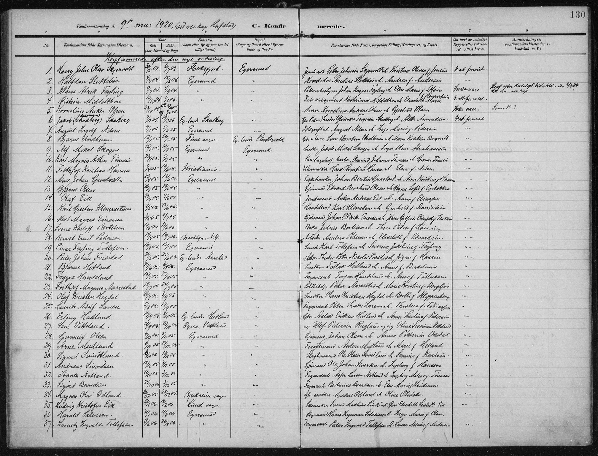 Eigersund sokneprestkontor, SAST/A-101807/S08/L0022: Parish register (official) no. A 21, 1905-1928, p. 130