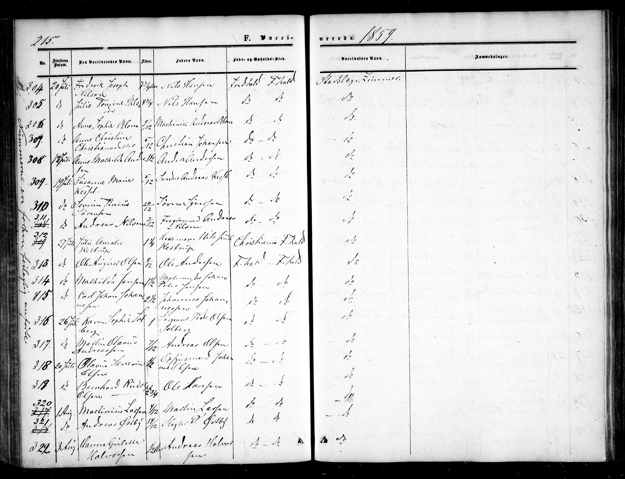 Halden prestekontor Kirkebøker, AV/SAO-A-10909/F/Fa/L0008: Parish register (official) no. I 8, 1857-1865, p. 215