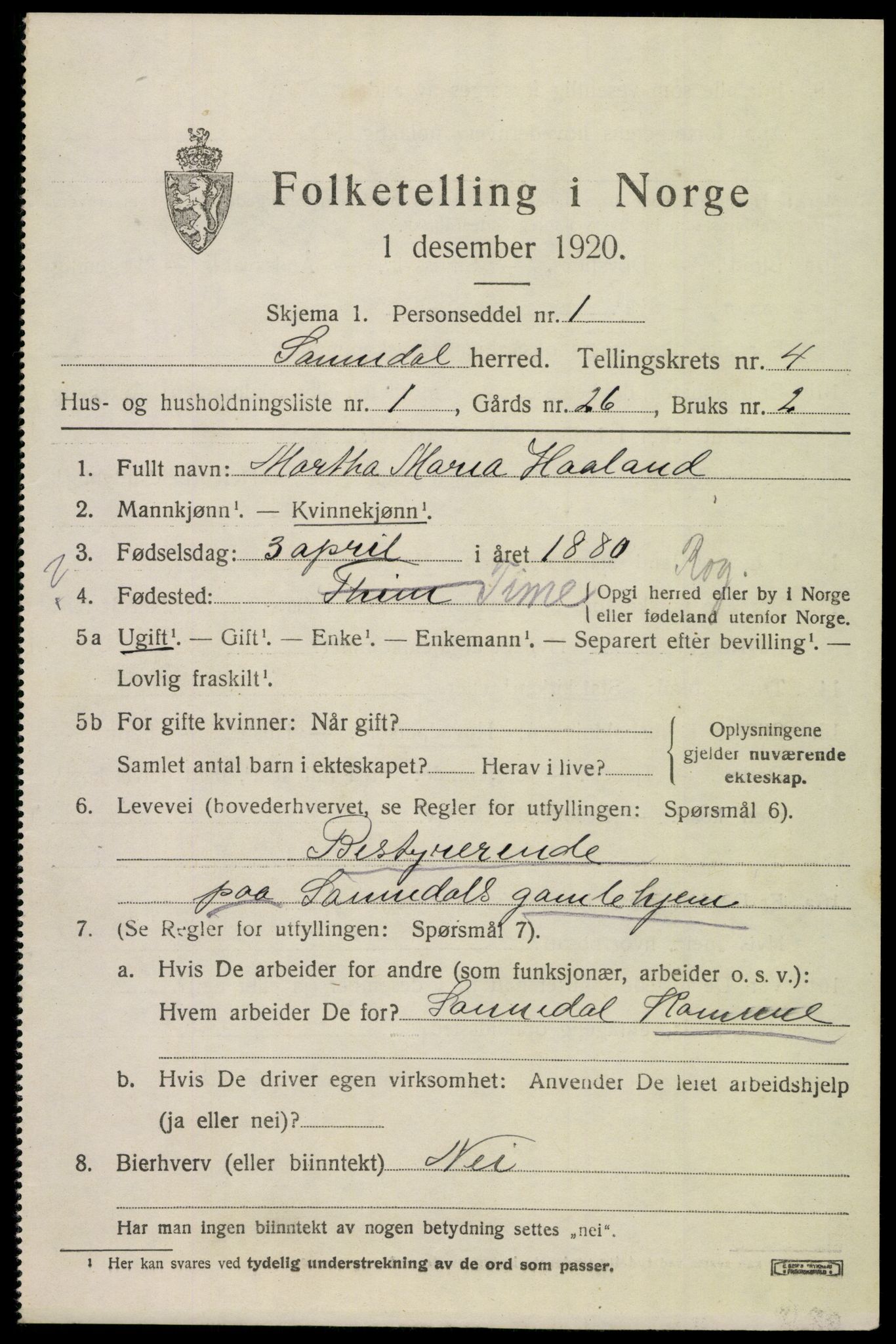 SAKO, 1920 census for Sannidal, 1920, p. 3341