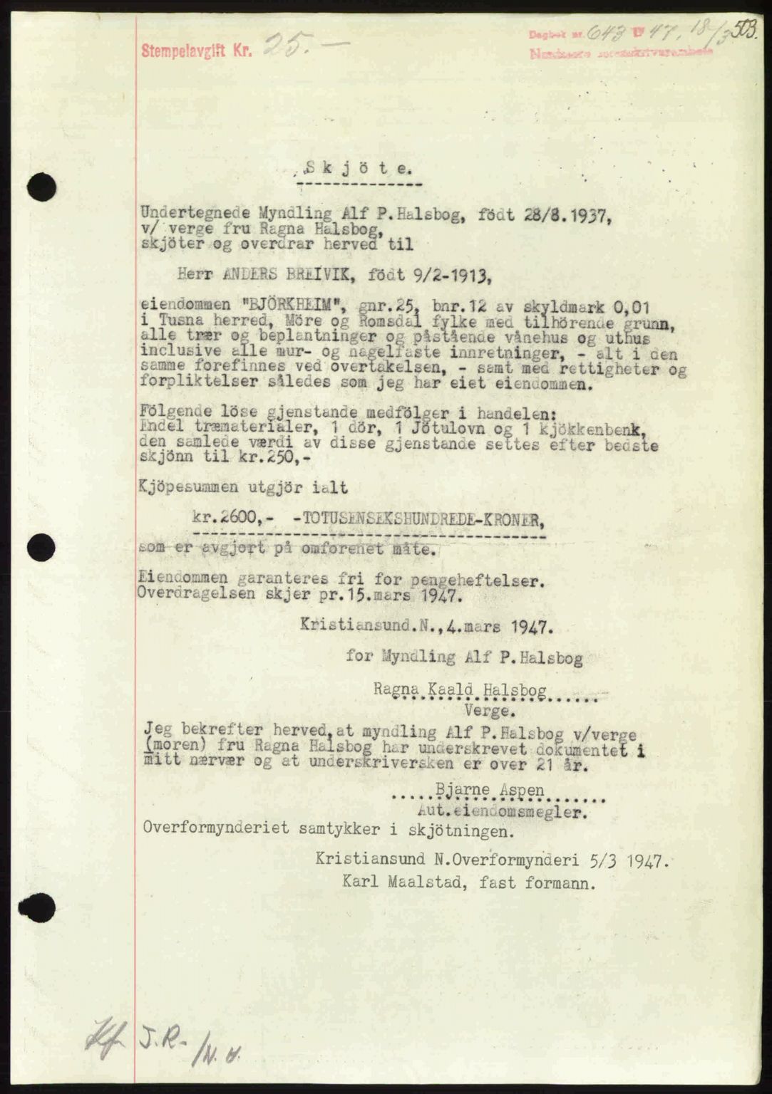 Nordmøre sorenskriveri, AV/SAT-A-4132/1/2/2Ca: Mortgage book no. A104, 1947-1947, Diary no: : 643/1947