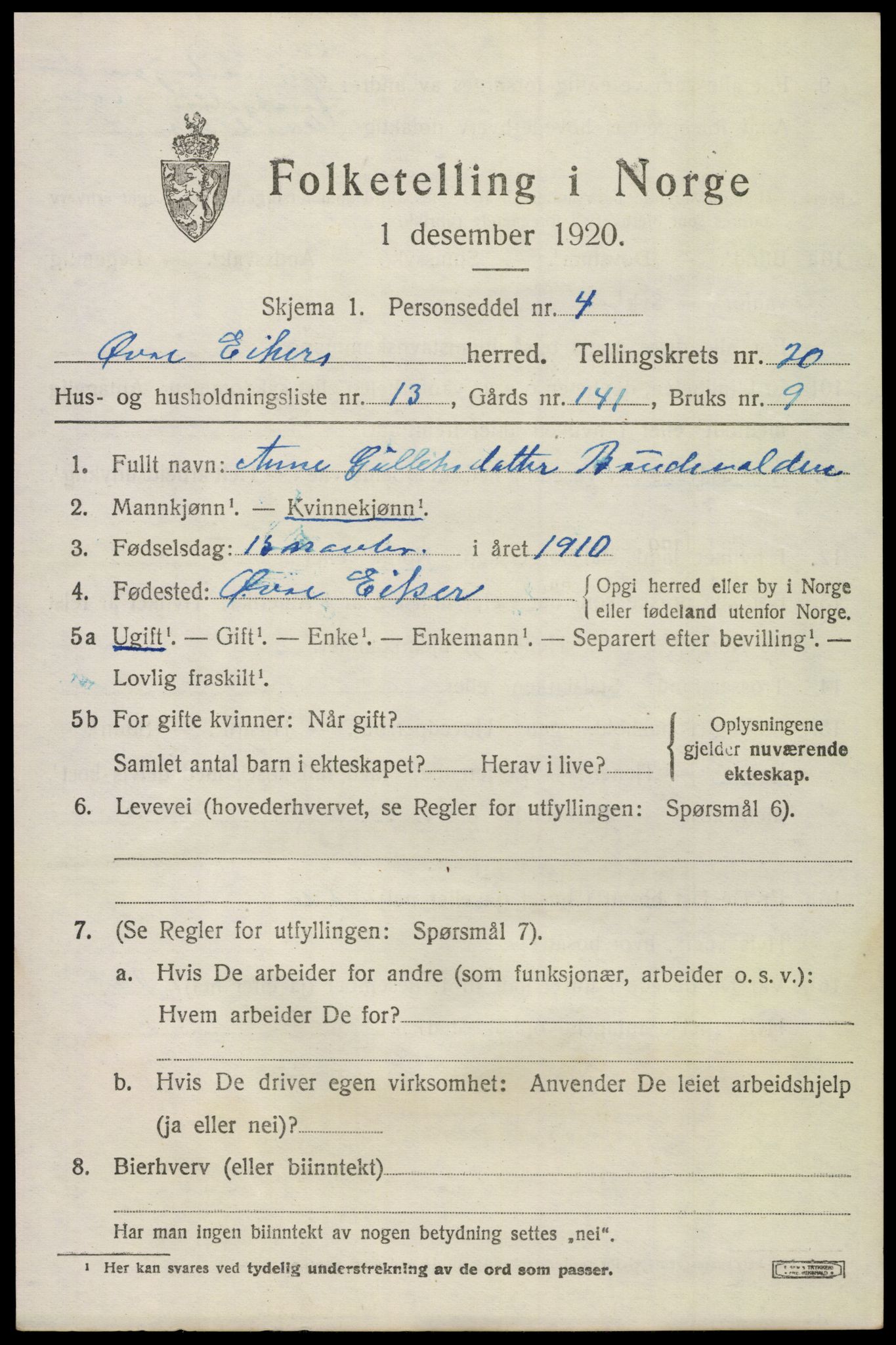 SAKO, 1920 census for Øvre Eiker, 1920, p. 22480